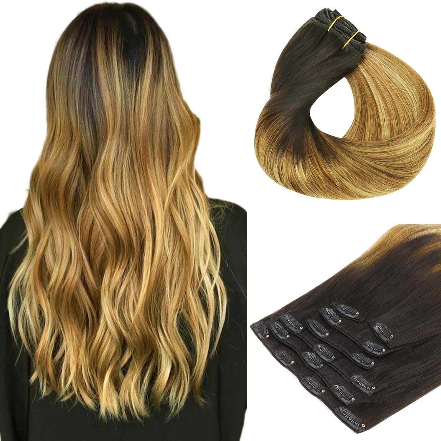 HOTBANANA Human Hair Clip in Hair Extensions, Dark Brown to Chestnut Brown and Dirty Blonde Highlighted (Warm Tone) 120g Clip in Hair Extensions Real