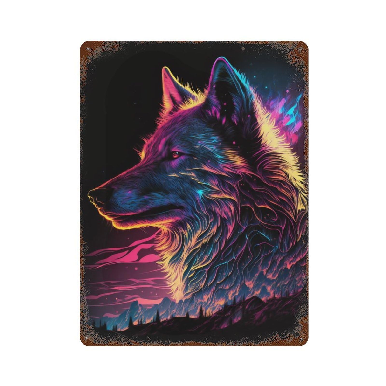 Garage Style Synthwave Wolf Decorative Tin Sign 15.7"x11.8", Industrial Home Decor for Bar And Workshop