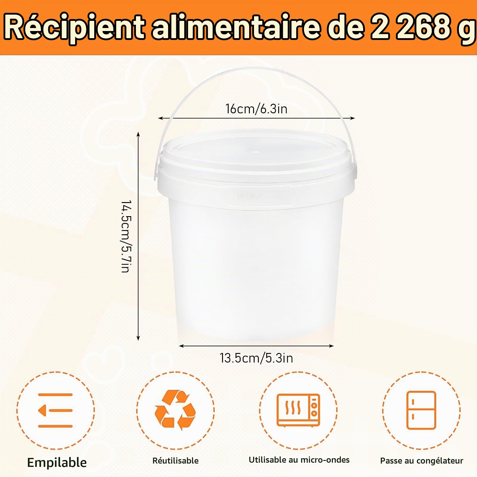 Lot de 10 Seaux en Plastique Blanc 2 L avec Couvercles et Poignées | Bacs Alimentaires en PP compatibles Micro-ondes, Congélateur et Lave-vaisselle pour Cuisine, Peinture, Camping et Rangement