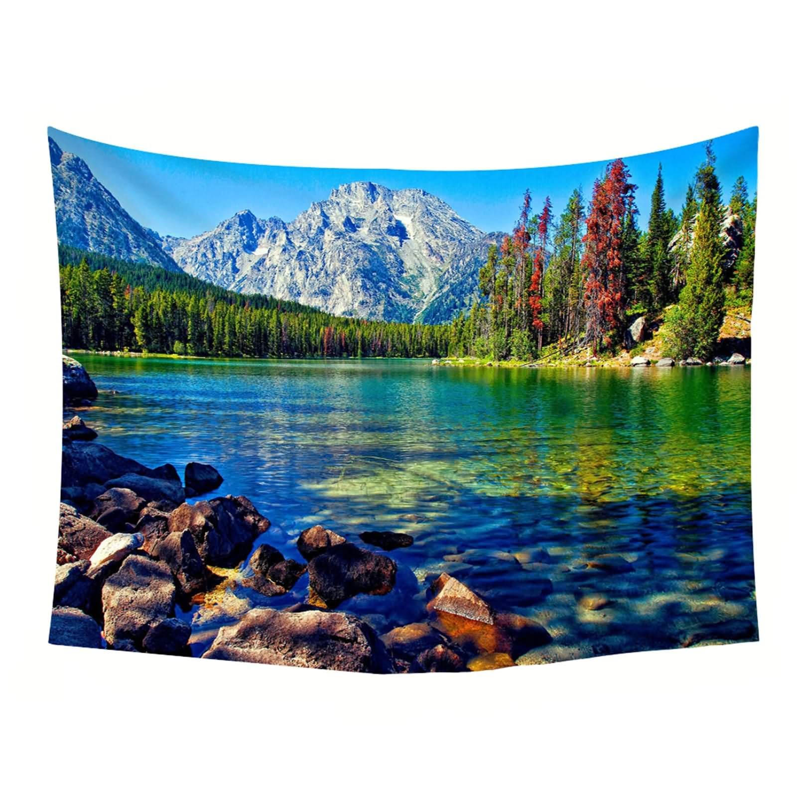Homxi Tappeto Parete Cameretta 300 W x 256 H CM, Lago di Montagna e Paesaggio Alberato, Tappeto Parete Cameretta Poliestere, Blu Verde