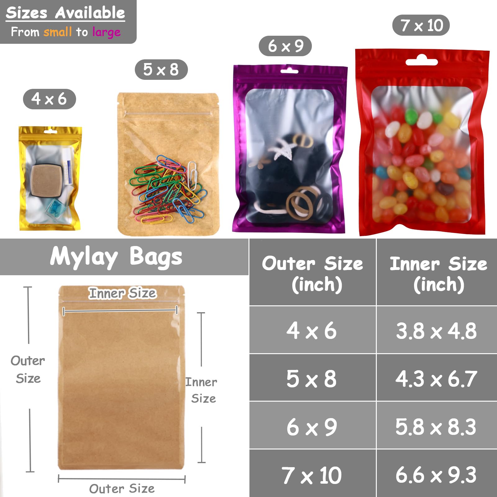 Confezione da 150 sacchetti in carta kraft Mylar da 17,8 x 25,4 cm, con finestra trasparente, grandi sacchetti richiudibili per alimenti a prova di odore, confezione da 150 sacchetti con cerniera per