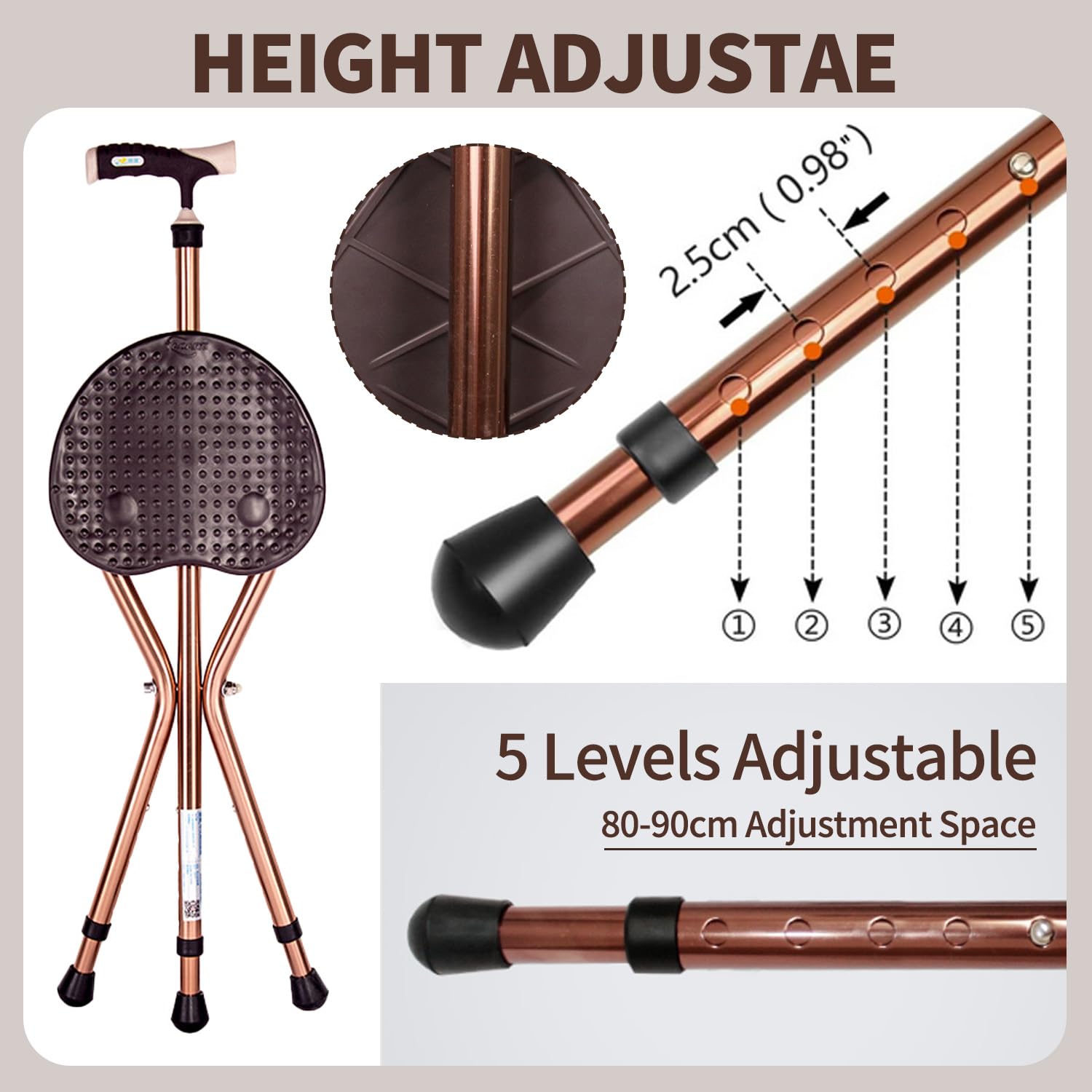 Bastón plegable con asiento, bastón de caminar con asiento, altura regulable, bastón de tres patas, 3 patas, soporta hasta 120 kg, aluminio robusto y ligero, antideslizante