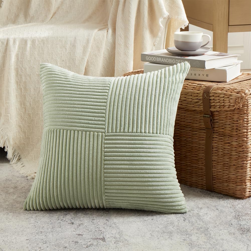 Fancy Homi 2 Packs Sage Green Big Decorative Throw Pillow Covers 24x24 Inch for Living Room Couch Bed, Rustic Farmhouse Boho Home Decor, Soft Corss Corduroy Patchwork Accent Cushion Case 60x60 cm - Image 2
