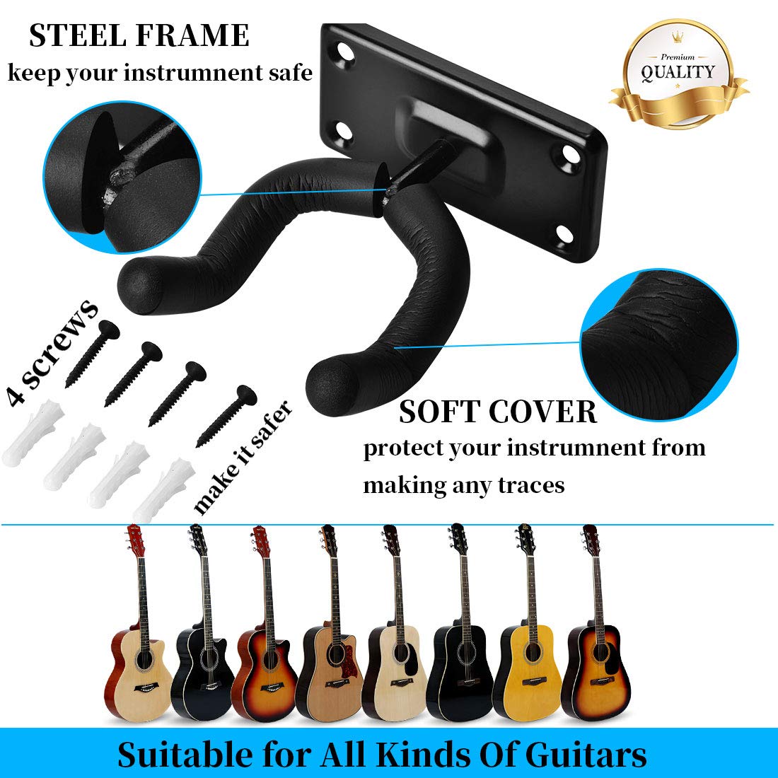 Support Guitare Mural 3 Pack En Noyer Noir + 42 Médiators - Crochet Rotatif Pour Guitares Acoustiques Et électriques
