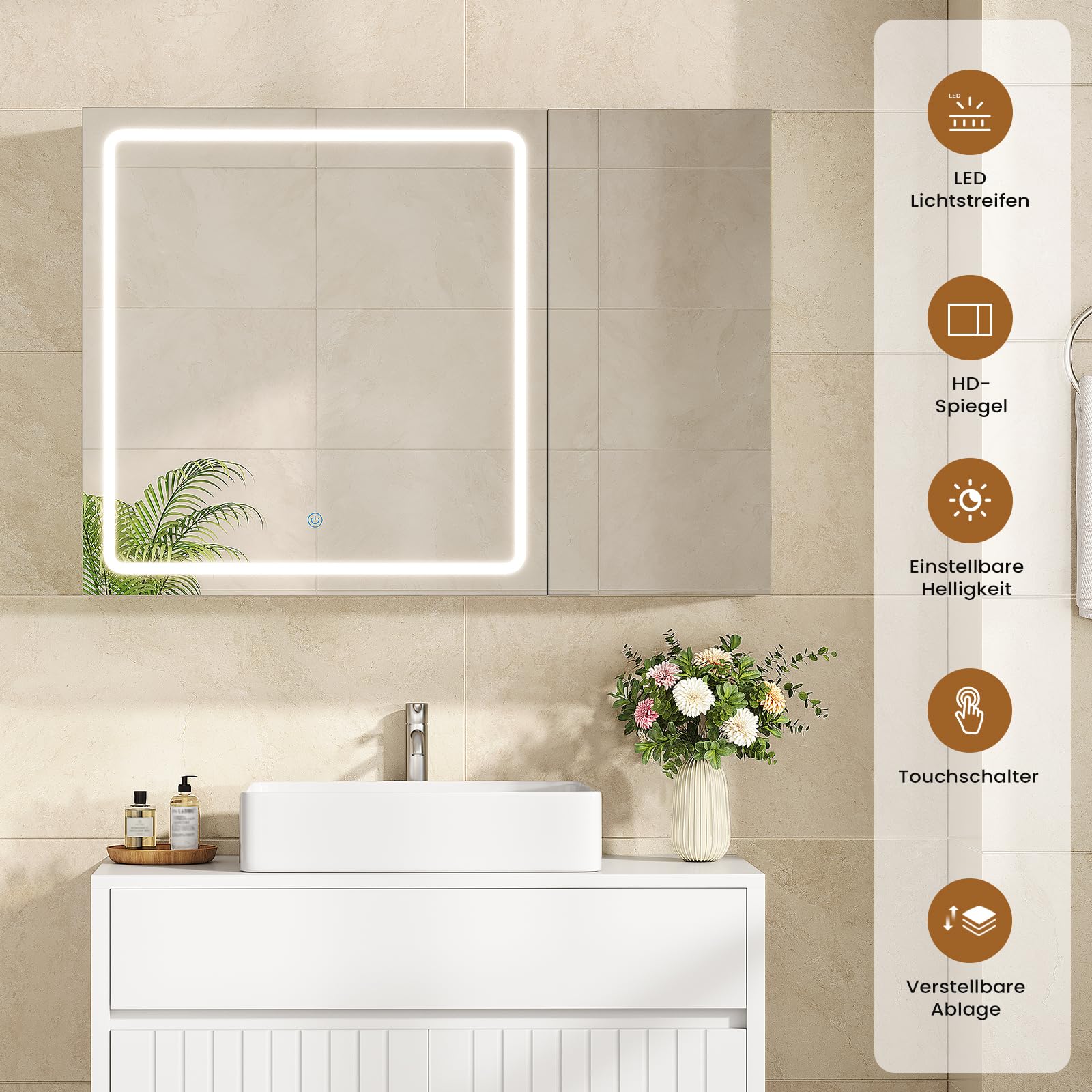 Spiegelschrank Bad 80 cm breit mit LED-Beleuchtung und Steckdose, 16 x 60 x 80 cm, Badezimmerschrank mit HD Spiegel, 3 Verstellbaren Regalen, 3 Farbtemperaturen | Dimmbarer, Badschrank, Weiß