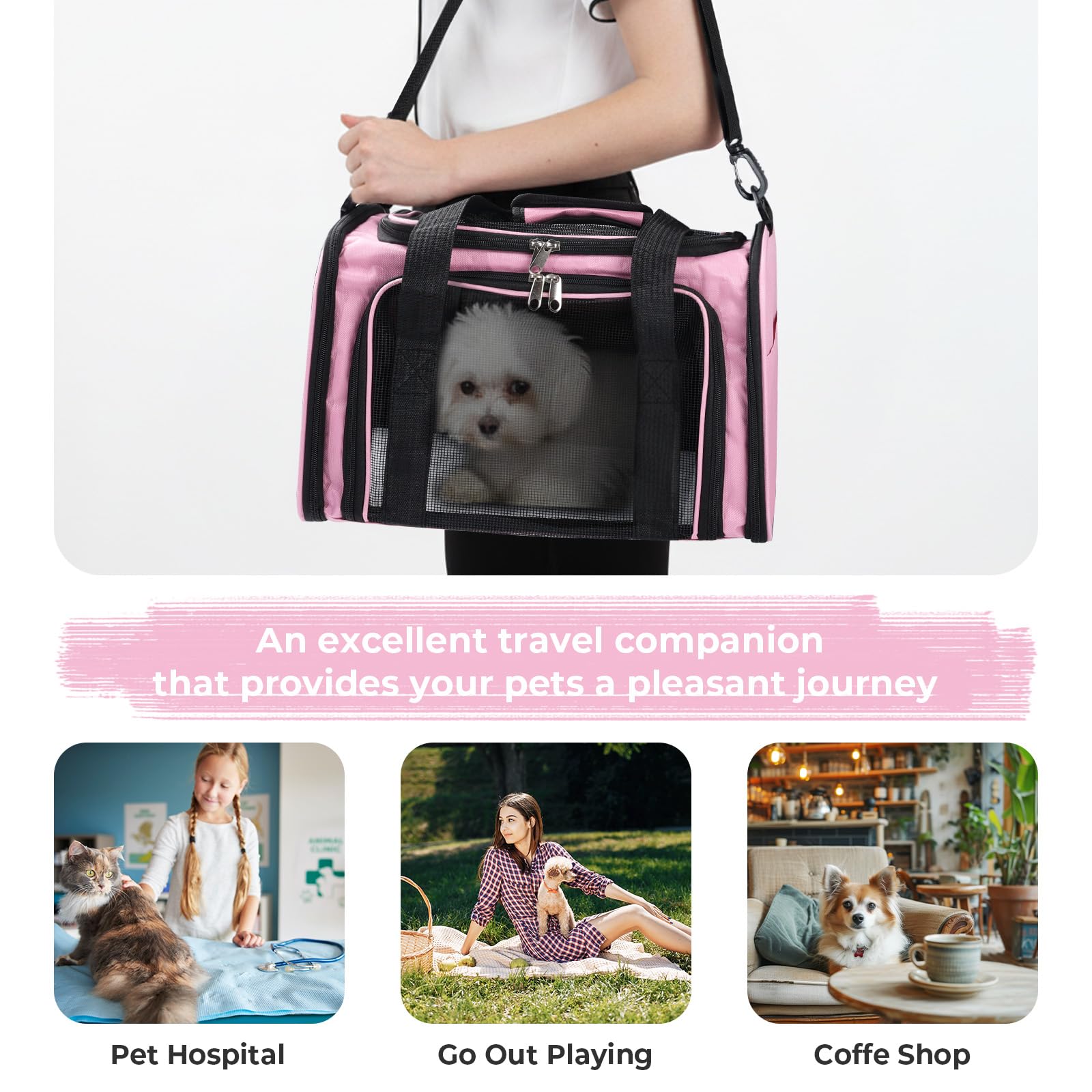 Sac de Transport pour Chat et Chien jusqu'à 5.5 kg,Caisse de Transport Pliable avec Bandoulière Réglable et Matelas Souple–Respirant,Lavable,pour Voyage,Voiture,Vétérinaire(Rose,40x25x25cm)