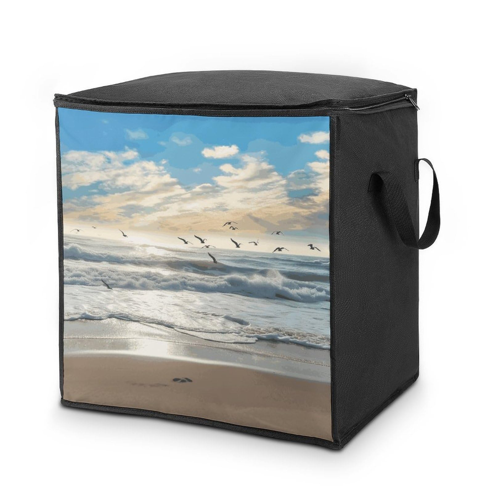 Waves on The Beach with Sea Birds Storage Bag with Zippers And Handle Extra Large Bedding Comforter Storage Bag Foldable Blanket Storage Bags Fabric Moving Bags for Closet Organizer (70L)