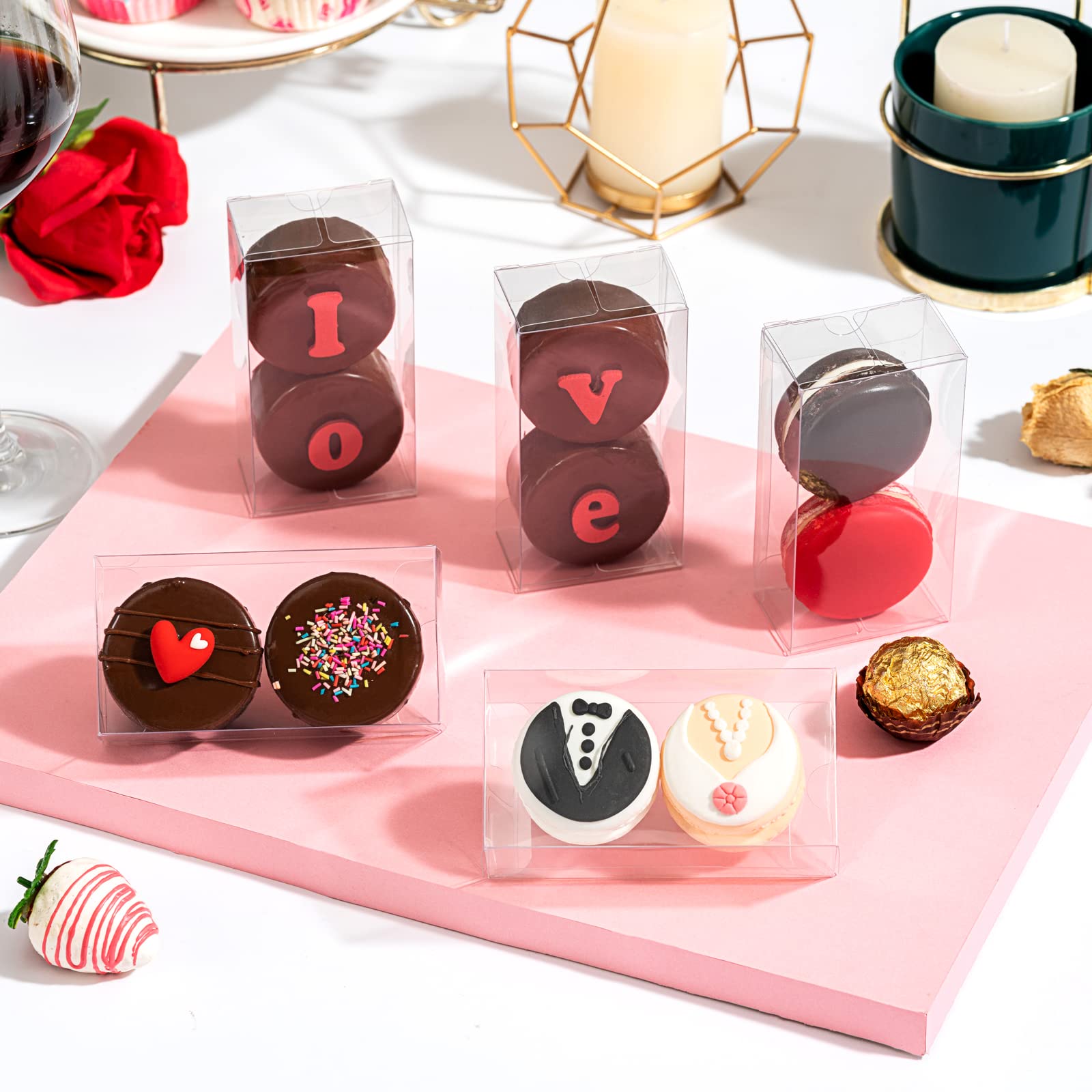 RomanticBaking Macaron-Boxen für 2 Mini-Leckerli-Boxen mit Schokoladenüberzug, Schokoladentrüffel, Broweine und Gebäck, 10,6 x 5,5 x 3,5 cm, 50 Stück
