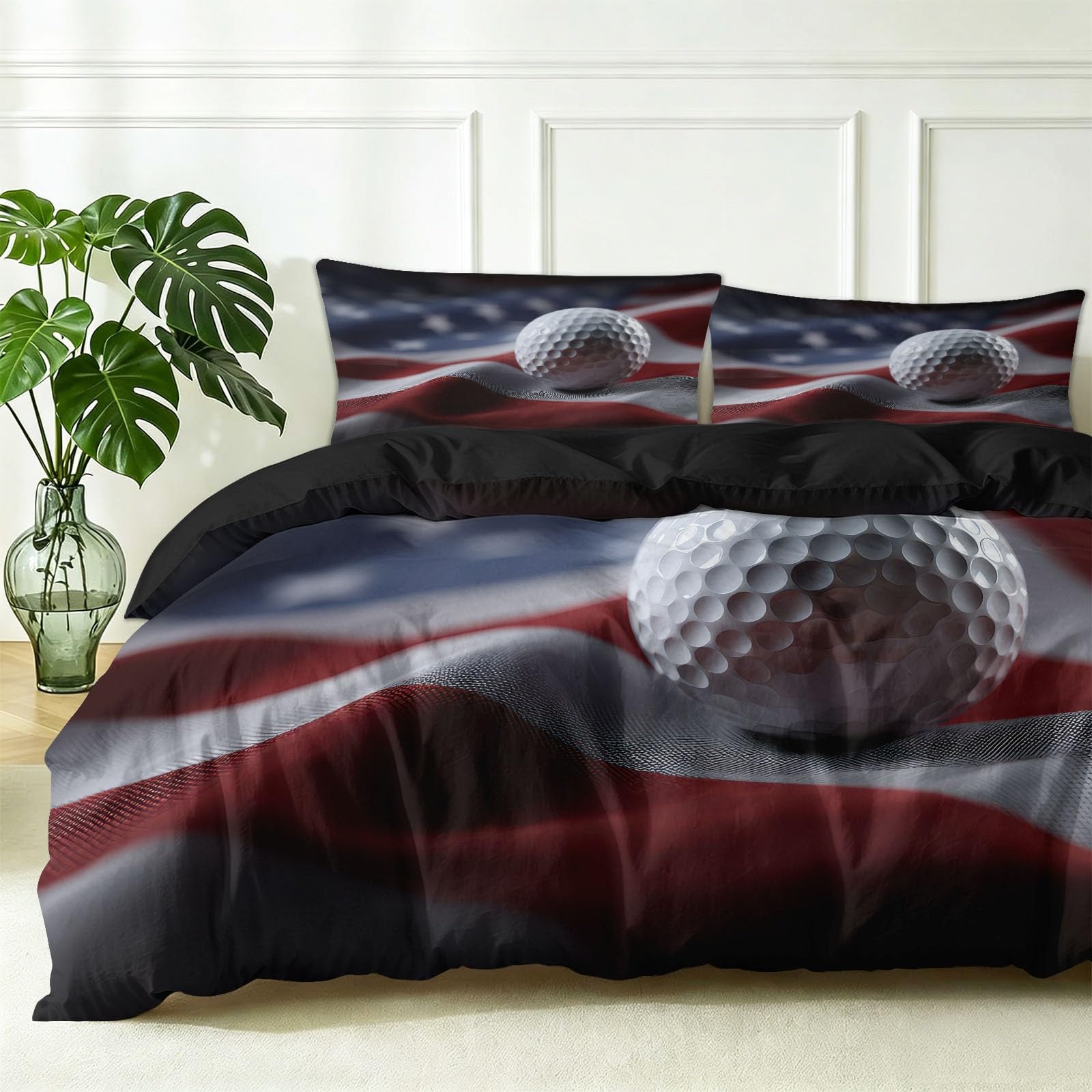 Sportowe zestawy pościeli w rozmiarze King Size - 3D amerykańska flaga golfowa poszewka na kołdrę miękka mikrofibra łatwa w pielęgnacji poszewka na kołdrę z 2 poszewkami na poduszki dla dorosłych