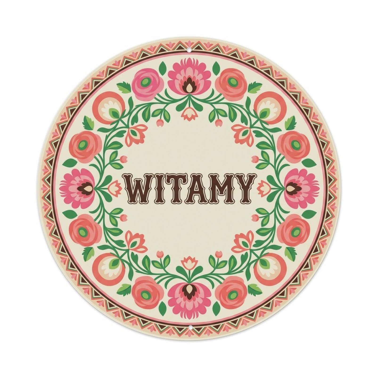 Fyrn Style Metal Tin Sign Vintage Polish Folk Art Witamy Welcome Ranunculus Pink