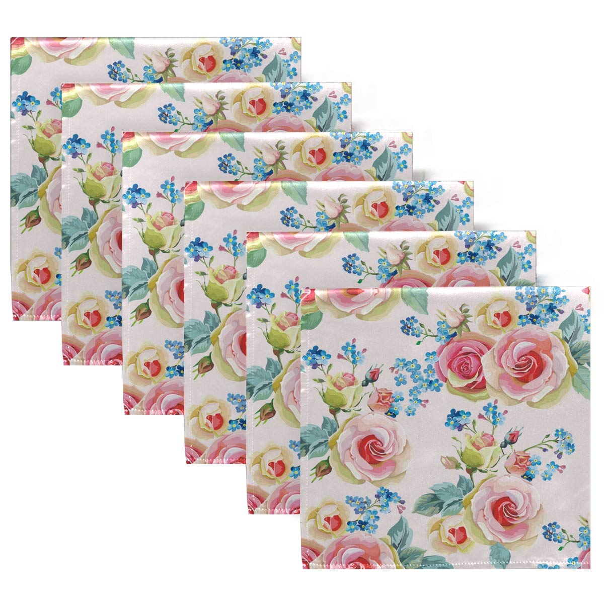 Set Of 6 Floral Cloth Napkins - Pink Rose & Blue Flower, Reusable Washable Polyester For Parties & Dining