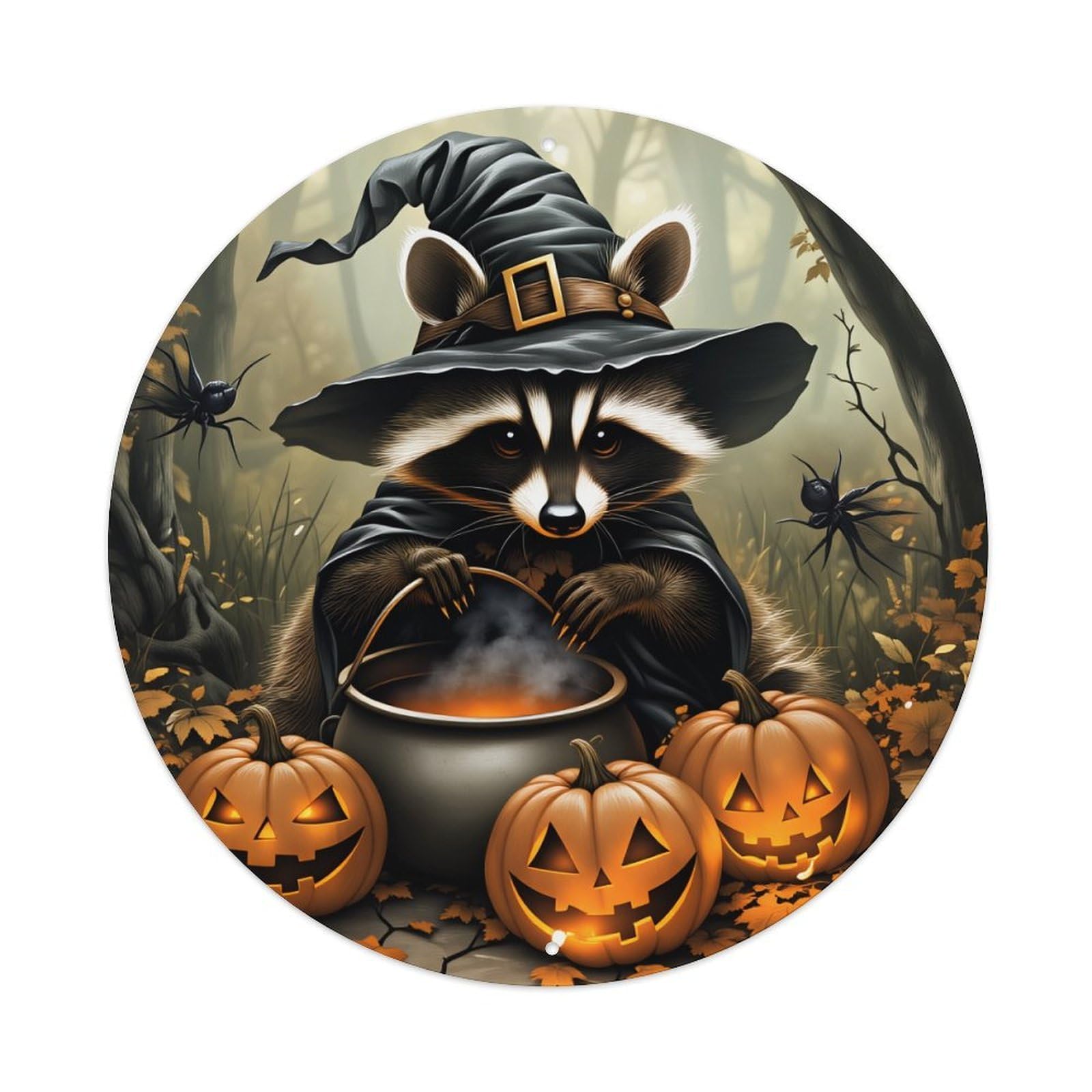 Raccoon Witch Halloween Pumpkin Forest Spiders Magic Cauldron Autumn Leaves Round Vintage Tin Sign,Retro Wall Art,Metal Poster for Home, Bar, Garage, Cafe, Rustic Indoor & Outdoor Decor, 8x8 Inches