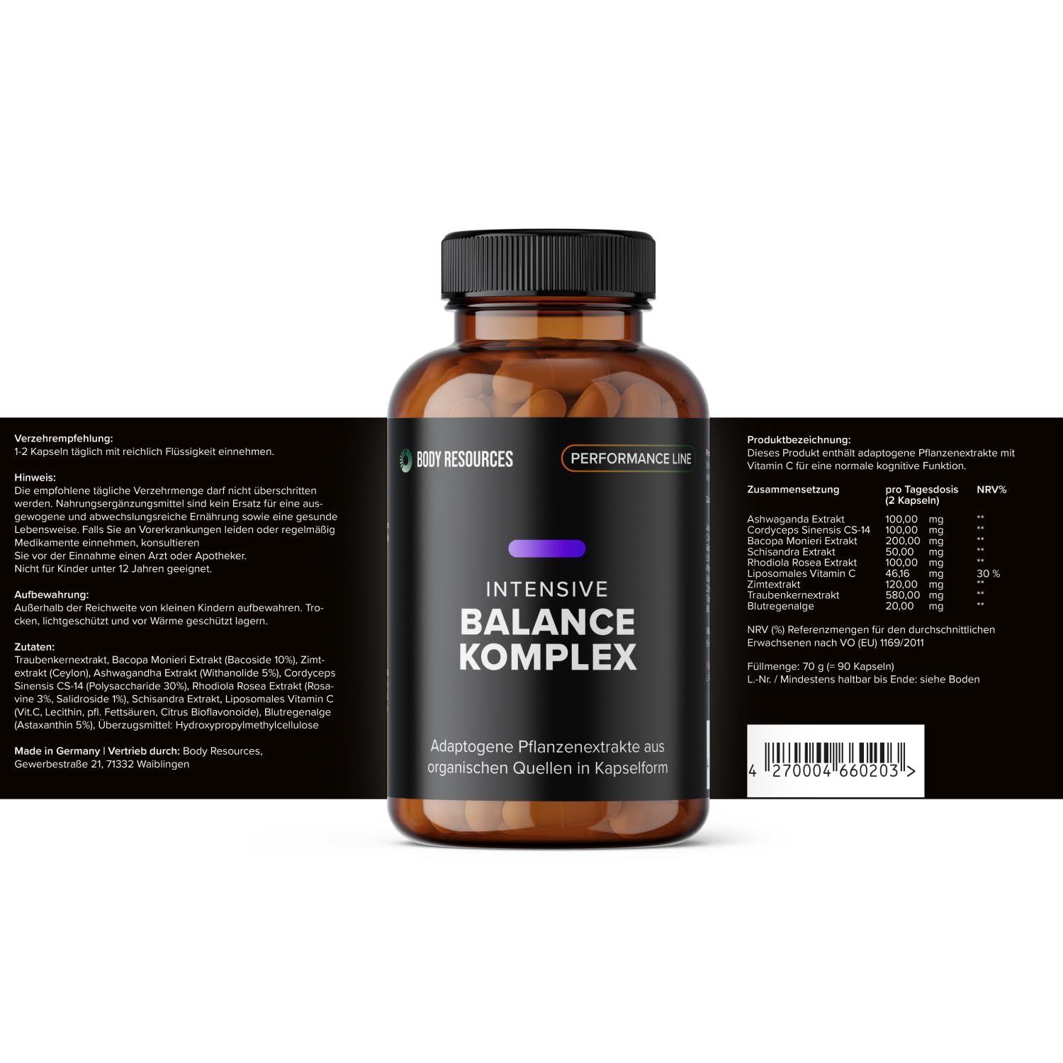 Intensive Balance Komplex 660mg I Ashwagandha I Natürliche Anti-Stress Kapseln für mehr Entspannung I Made in Germany I Hohe Bioverfügbarkeit I Vegan I Laborgeprüft
