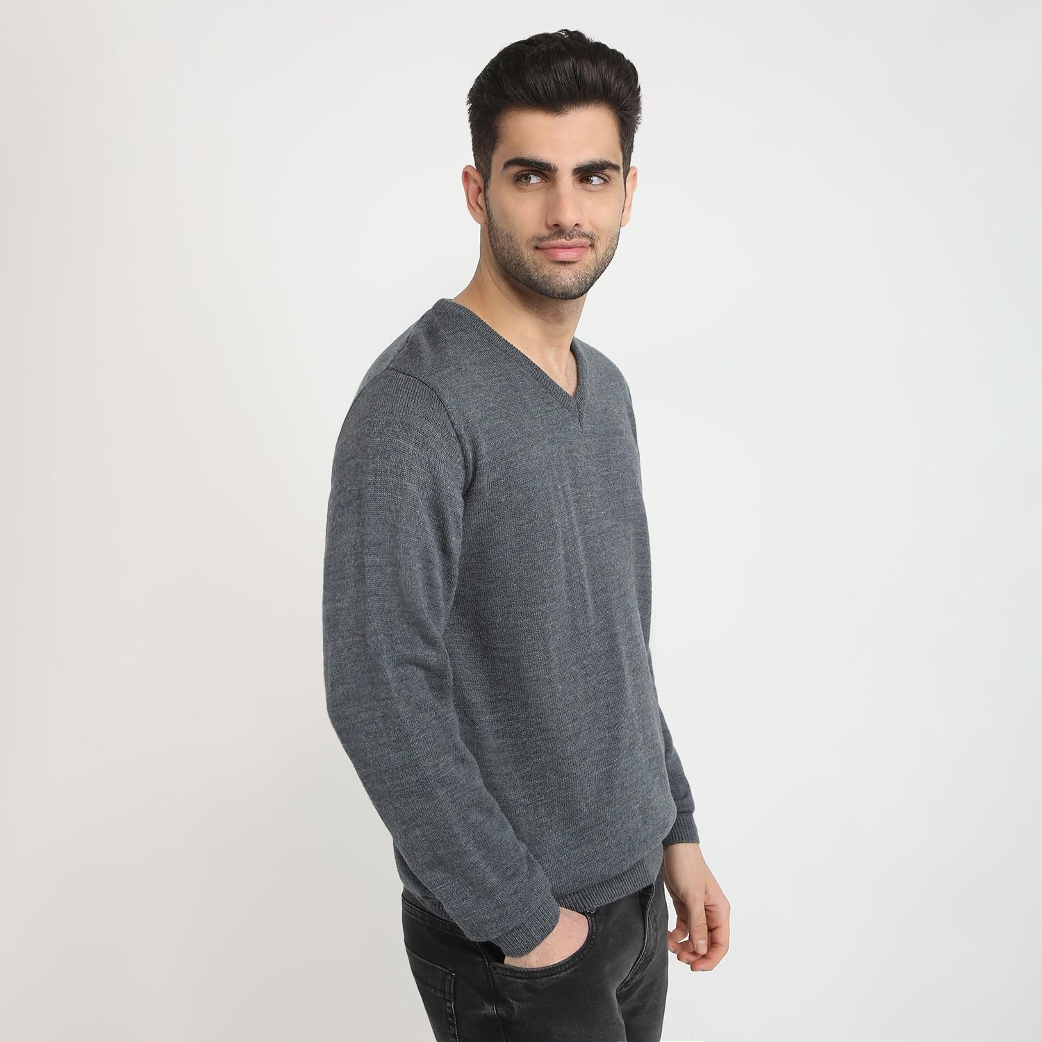 Park Avenue Men Regular Fit Solid Pattern Acro Wool Blend Full Sleeve V Neck Sweater (Size: 95)-PCWA00447 Dark Grey - Image 3 thumbnail