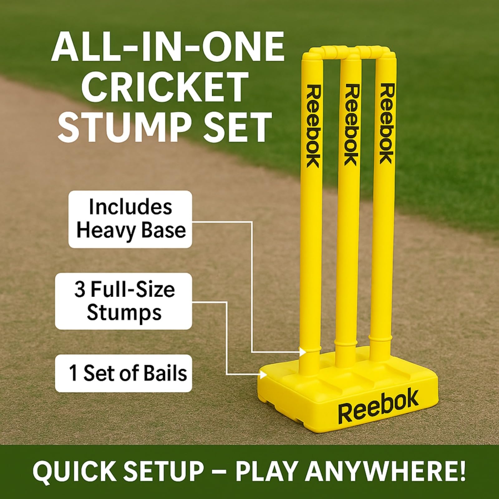 Reebok Ensemble de souches de Cricket avec bélières, Base Lourde et Housse de Transport de qualité supérieure, Multicolore