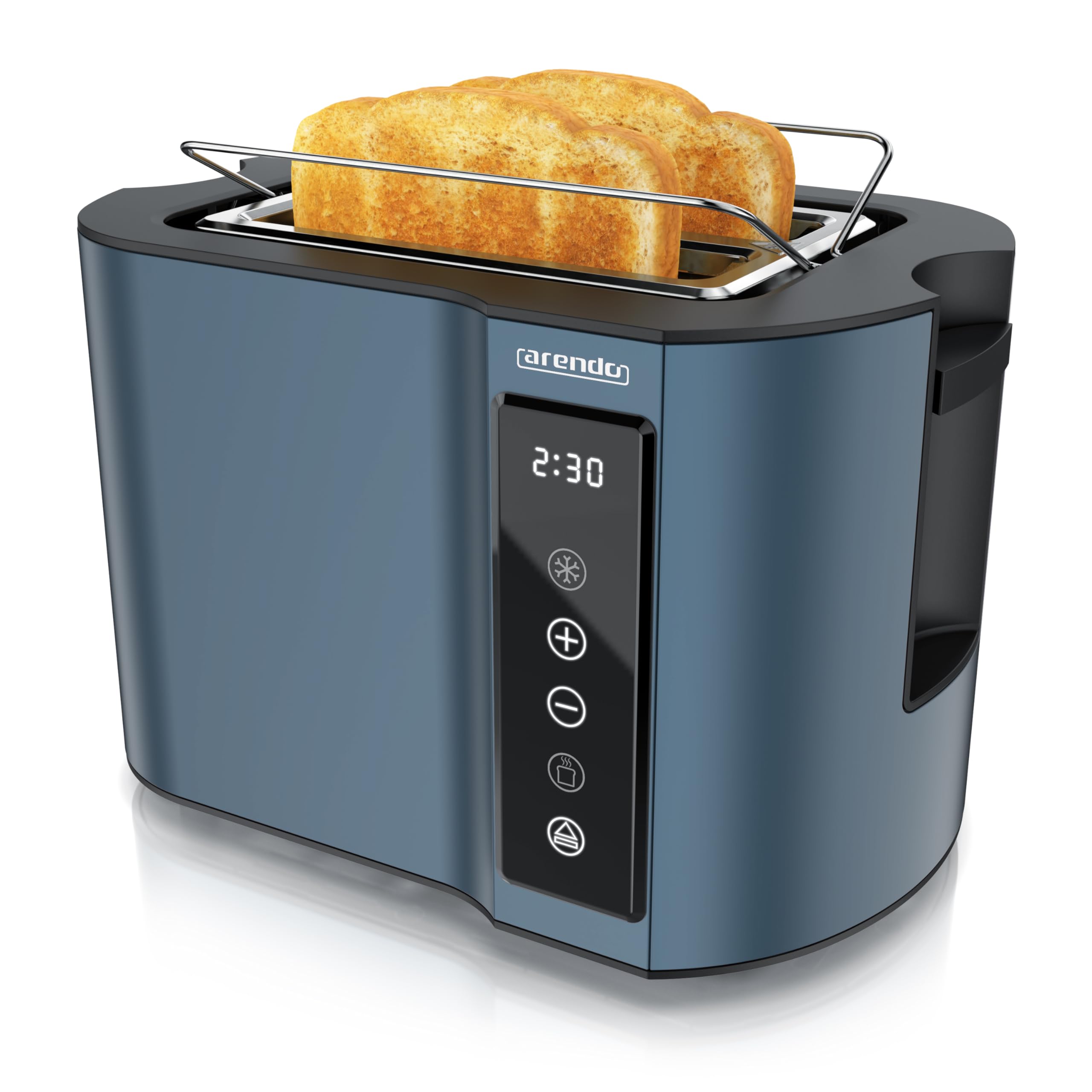 Arendo - Touch Toaster 2 Scheiben Edelstahl - Touchpanel - digital Display Restzeitanzeige - 800 W – Doppelwandgehäuse – mit Brötchenaufsatz – 7 Bräunungsgrade – Brotscheibenzentrierung - Blau