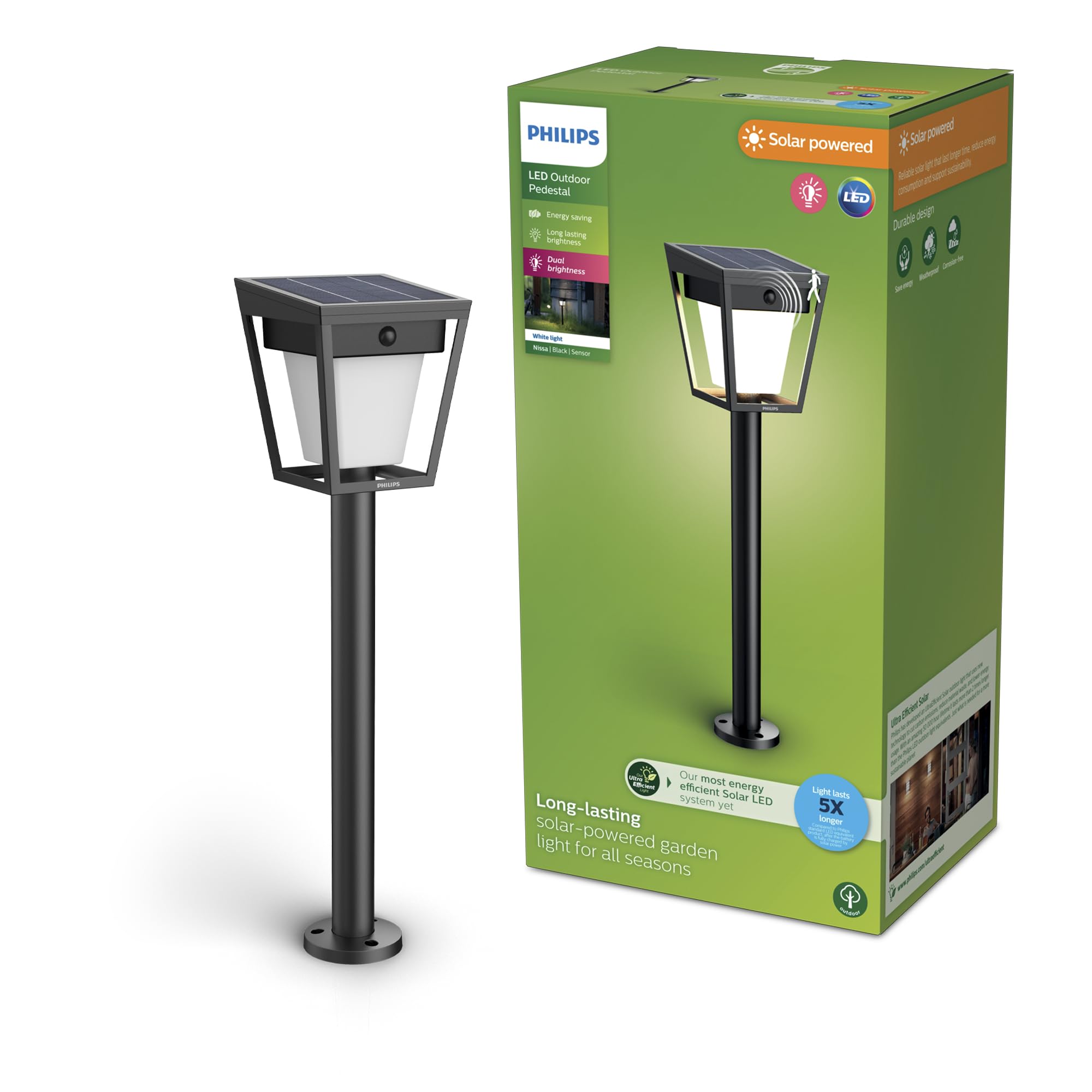 PHILIPS Nissa UltraEfficient Outdoor Solar Pedestal Light with Sensor, 3000K, 250/25lm, Black​