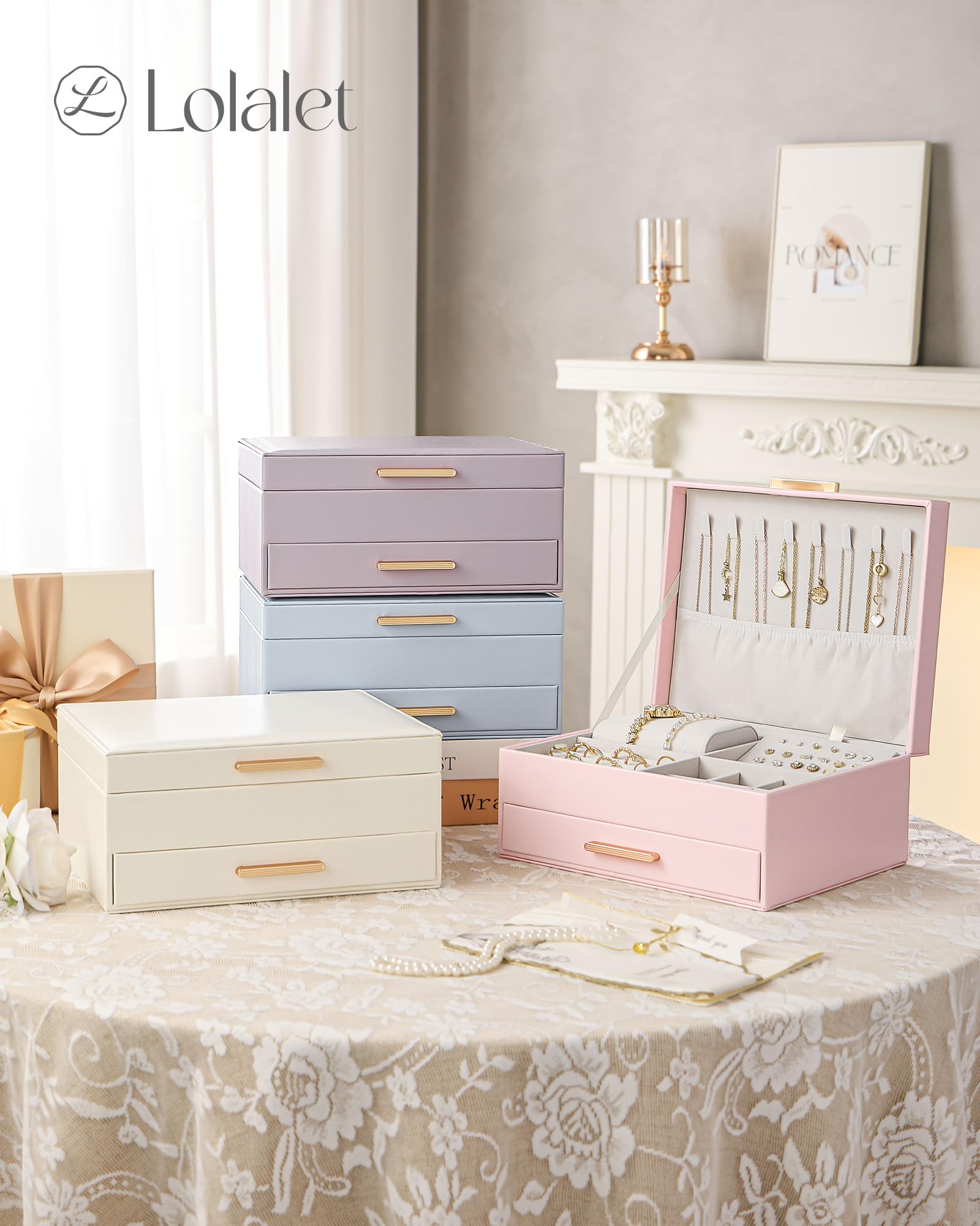 Lolalet Caja para Joyas de Doble Capa, Estuche Joyero Organizador para Joyería Collares Anillos Aretes Pulseras Relojes Regalo Ideal para Mujer -Blanco