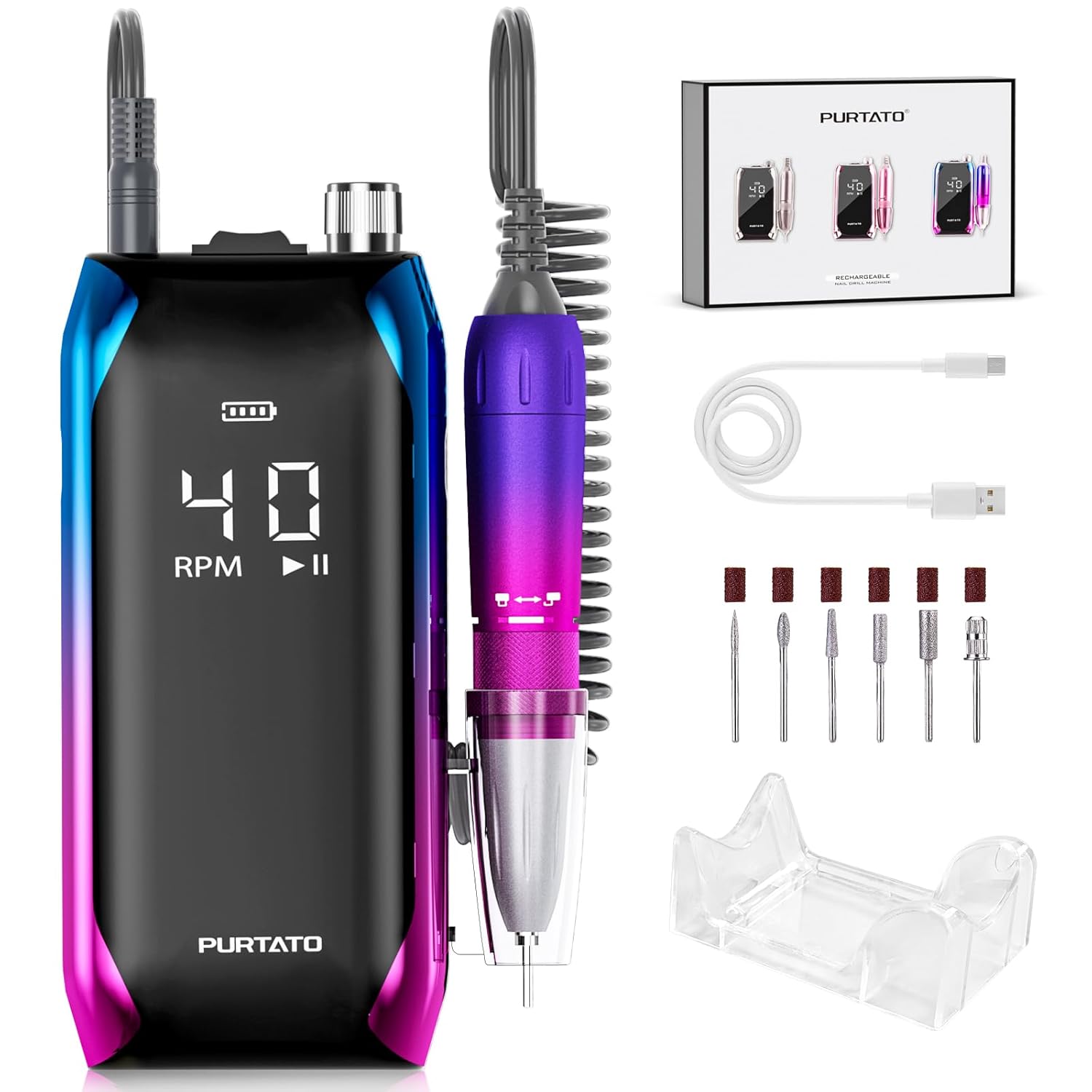 Professional Nail Drill 40,000 RPM, Rechargeable,LCD Display E File Machine for Acrylic Nails Gel Polishing Removing Portable Nails Efile Tools for Manicure Salon & Home (Blue&Purple) Professional Nail Drill 40,000 RPM, Rechargeable,LCD Display E File Machine for Acrylic Nails Gel Polishing Removing Portable Nails Efile Tools for Manicure Salon & Home (Blue&Purple)
