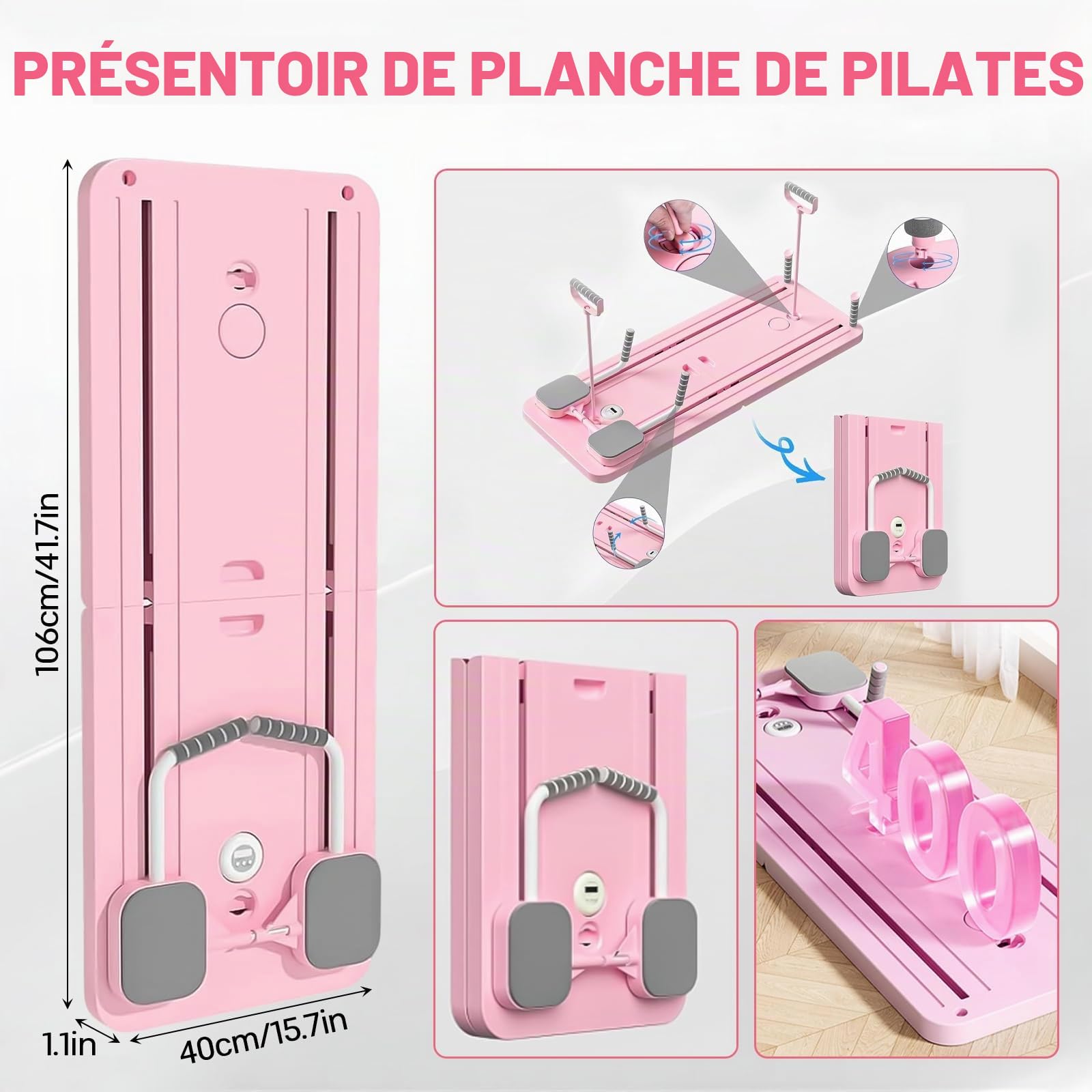 Pilates Reformer Compact, 5 en 1 Pilates Pliable,La Roue Abdominale Push-up rebondit automatiquement Minuterie, AB Roller Fitness Materiel pour la Maison et la Salle de Sport（Rose）