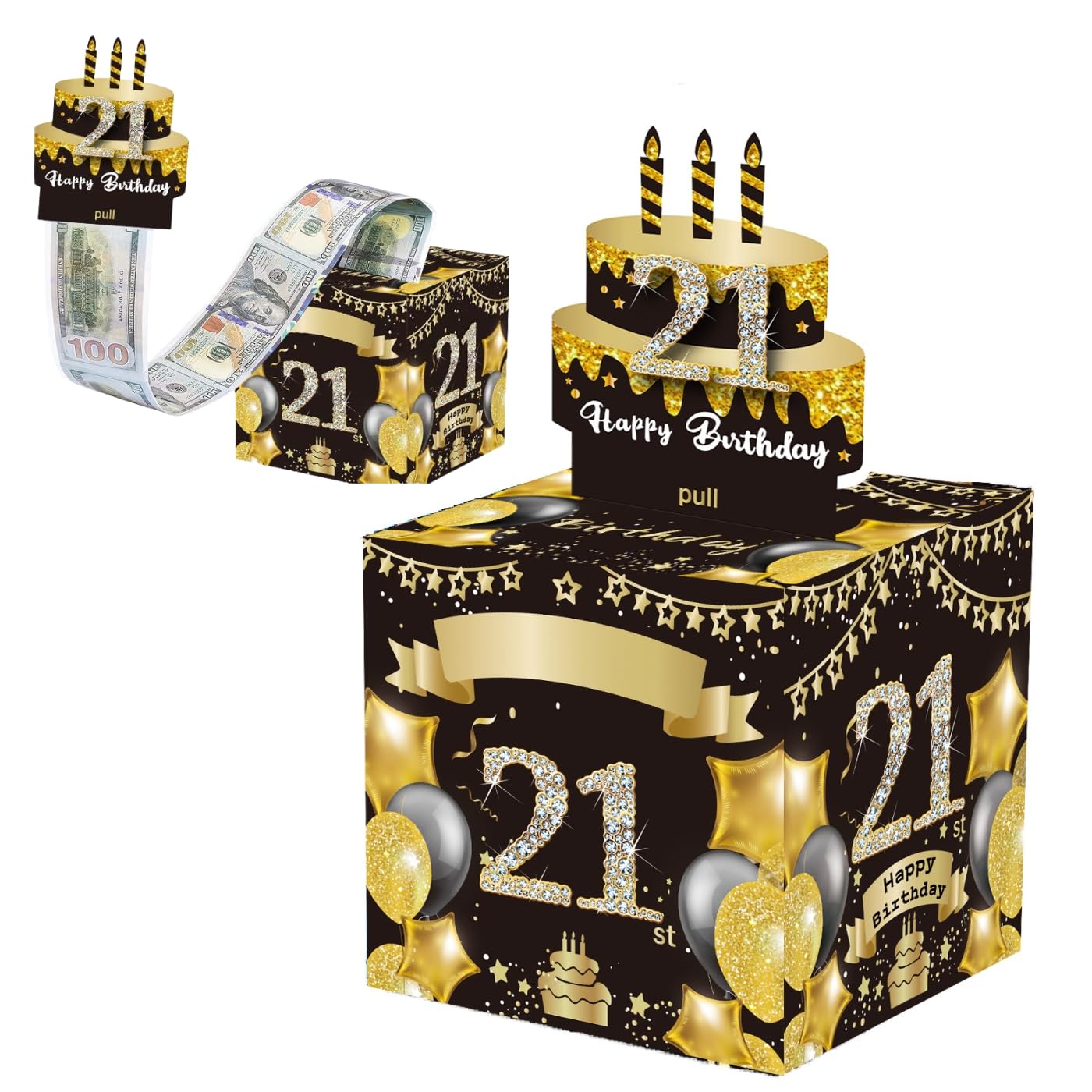 Happy 21st Birthday Money Box for Cash Gift,Black Gold Pull Surprise Money Gift Box for 21st Birthday Presents,Money Cake Pull out Cash,21st Money Box,Happy Birthday Money Gift Box for Boys Girls