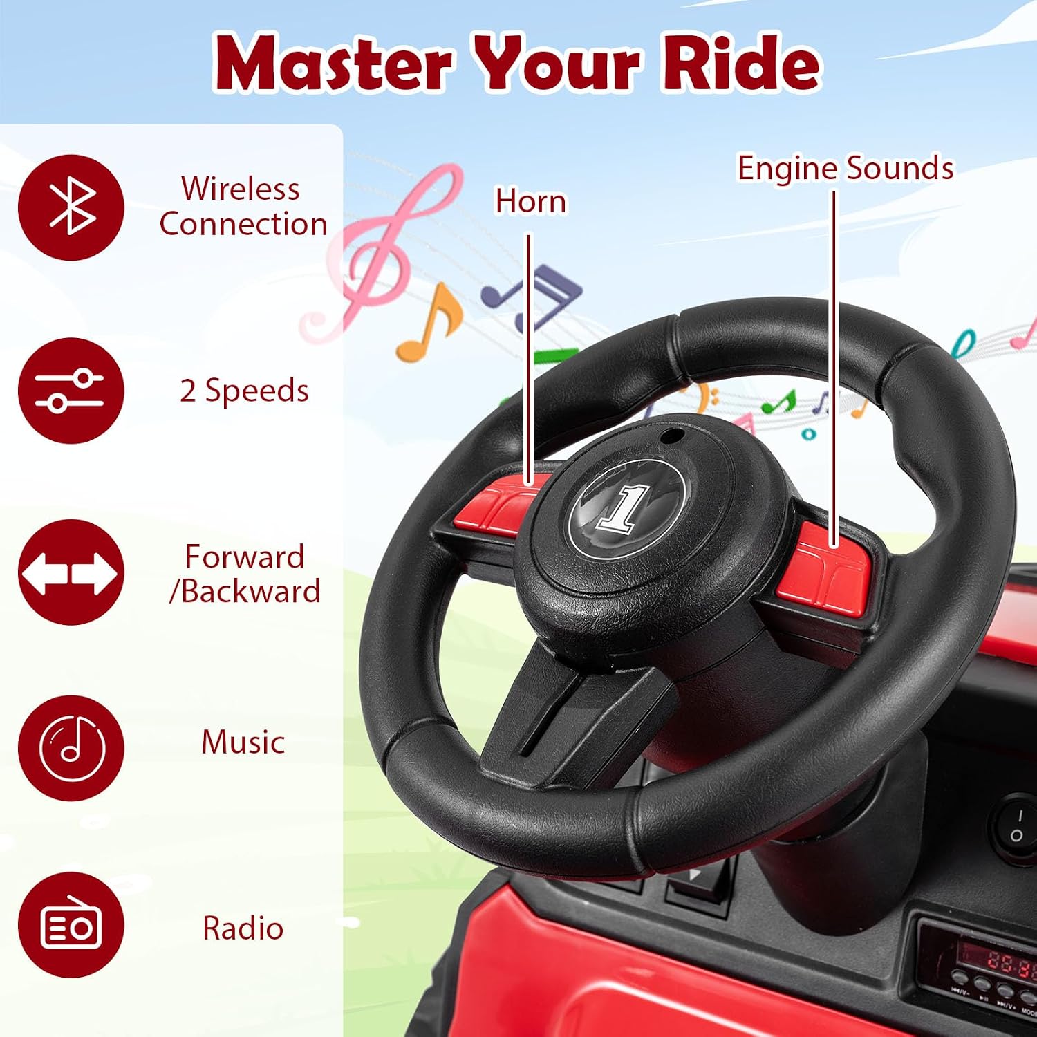 Costzon 24V Ride on Tractor with Detachable Trailer, Kids' Electric Vehicles with 3 Speeds, 15° Climbing, Wireless Design, Horn & Music, Remote Control Tractor Toy for Kids 3+,Gift (24V, Red)