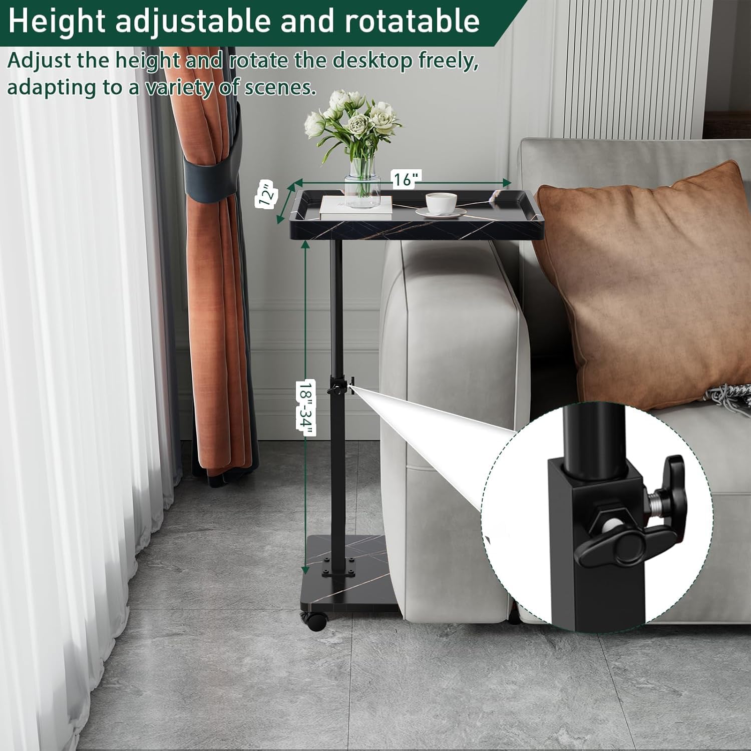 C Table End Table Adjustable Height, 360°Swivel TV Tray Table for Small Spaces, Couch Tables That slide under, C Shaped Side Tables living room and bedroom for Sofa, Bed,Chair, Snack (1, Black)