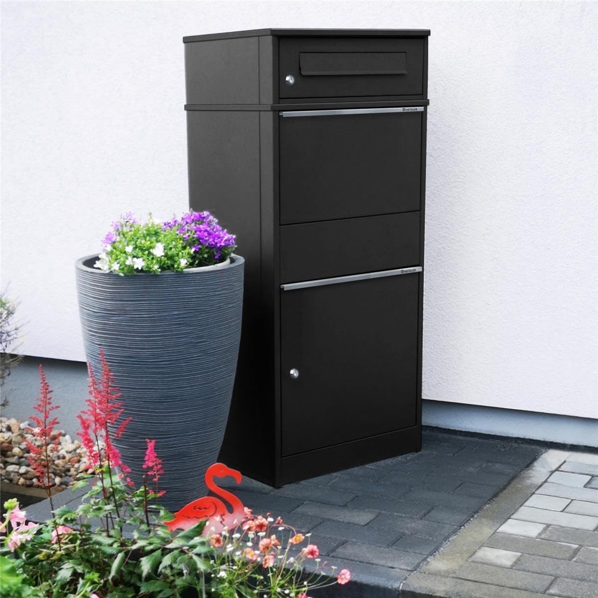 Metzler Paketbox mit 1 Briefkasten – XXL Einzel-Briefkasten mit Paketfach, rostfrei und wetterfest – großer Outdoor Paketbriefkasten für Pakete bis Größe M – Schwarz – Modell Bispo