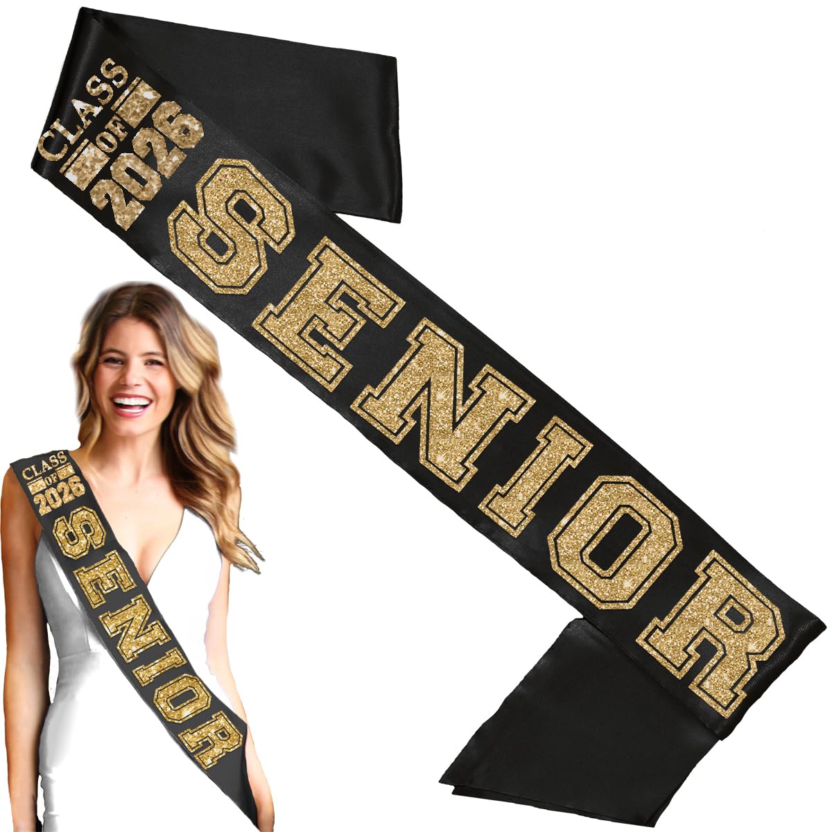 RhinestoneSash Senior Sash 2026 2027 - Black and Gold Class of 2026 or 2027 Unisex Satin Sashes - Graduation Gifts