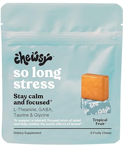 Chewsy Tan largo estrés, masticables afrutados tranquilos, mantente tranquilo y concentrado. Con L-teanina, aminoácidos, GABA, glicina, tirosina,