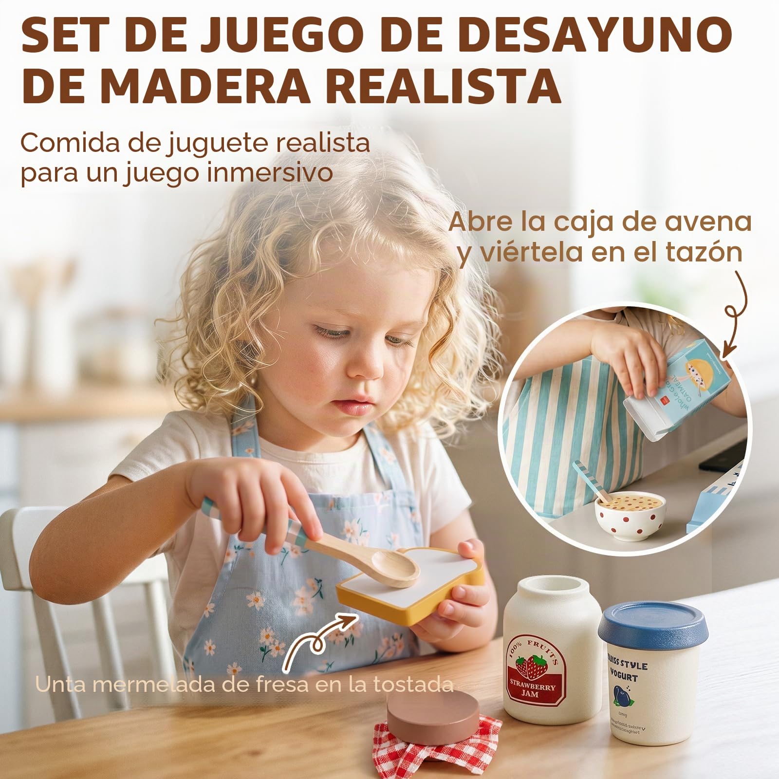 Lehoo Castle Accesorios Cocina Juguetes, Comida Madera Juguete, Comida Juguete Cocinita, Cocinita de Madera Infantil, Juguetes Montessori 2 3 4 Año(Desayuno)