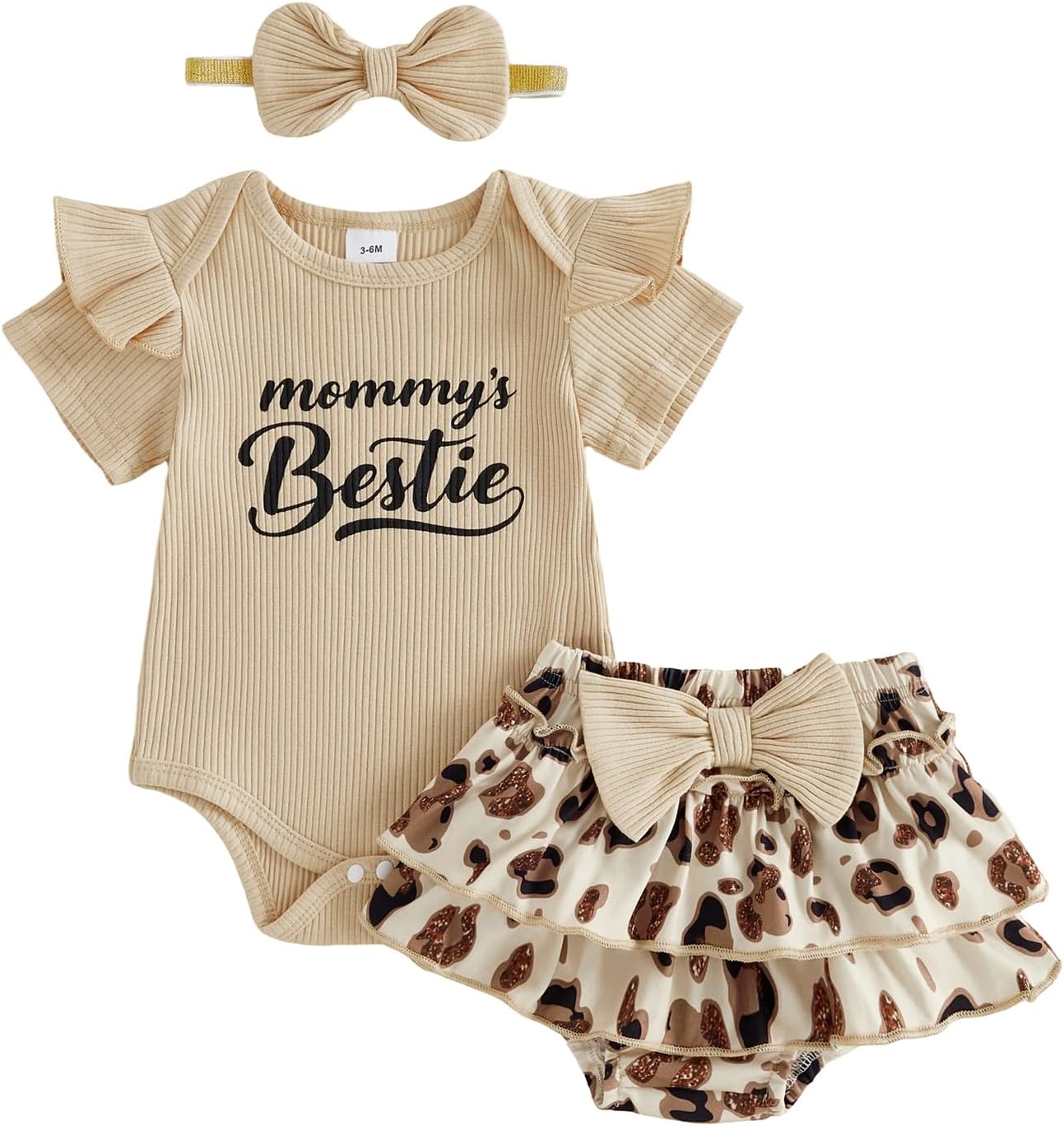 fhutpw Newborn Baby Girl Clothes Ribbed Sleeve Romper Top Leopard Ruffle Shorts Bow Headband Infant Summer Outfits 0-18M