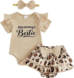 fhutpw Newborn Baby Girl Clothes Ribbed Romper Top Leopard Ruffle Shorts | Infant Girl Summer Outfits 0 3 6 9 12 18 Months Clothing Set, Letter Print, Bow Headband, Soft Cotton, Cute Baby Clothes