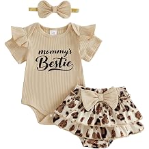 fhutpw Newborn Baby Girl Clothes Ribbed Romper Top Leopard Ruffle Shorts | Infant Girl Summer Outfits 0 3 6 9 12 18 Months Clothing Set, Letter Print, Bow Headband, Soft Cotton, Cute Baby Clothes