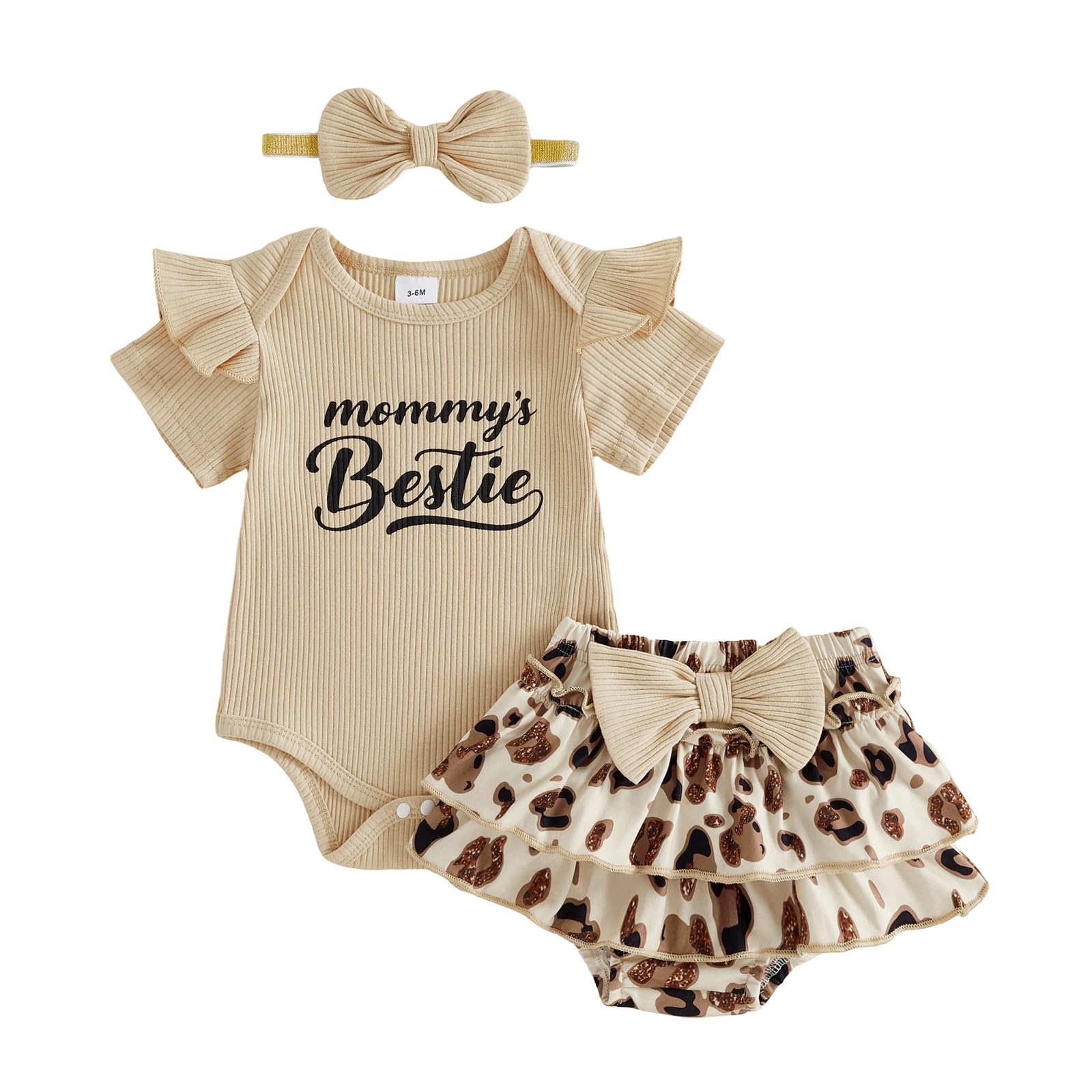 Ensemble Vêtement Bébé Fille Eté 3 Pcs Body à Manches Courtes à Volant + Jupe Short Léopard à Taille Elastique Tenues