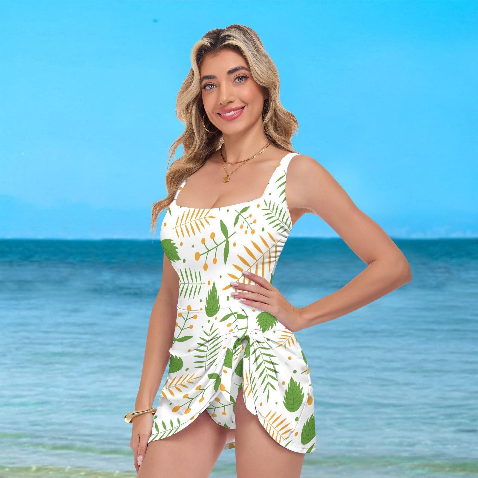 Costume da bagno intero da donna Costume da bagno da donna Costumi da bagno da donna Controllo della pancia Costumi da bagno Collo quadrato Foglie di piante tropicali