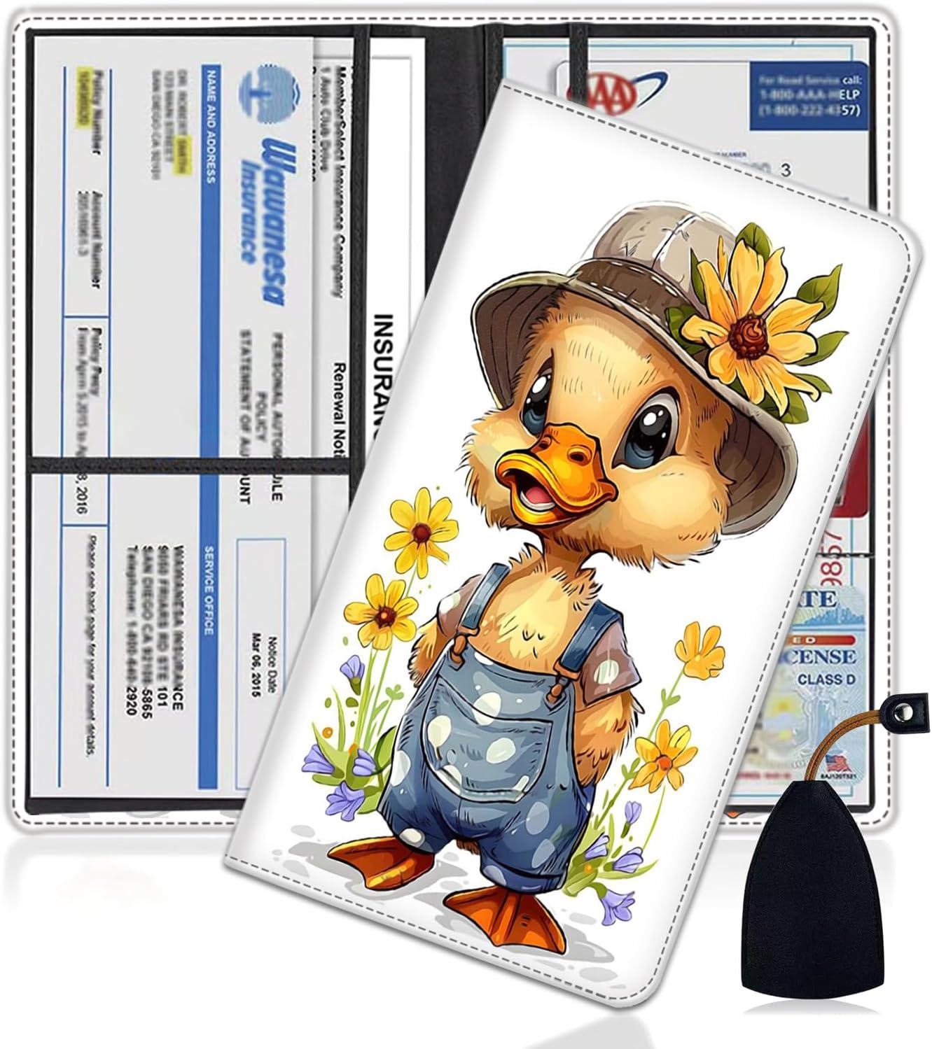 Car Registration Holder, PU Leather Vehicle Glove Box Organizer for Driver License, Document, Car Insurance Holder with Magnetic Shut, Auto Paperwork Wallet Case Accessories, Cute Duck + Flowers Yu-Car Registration-4-C69 - Image 1 of 7