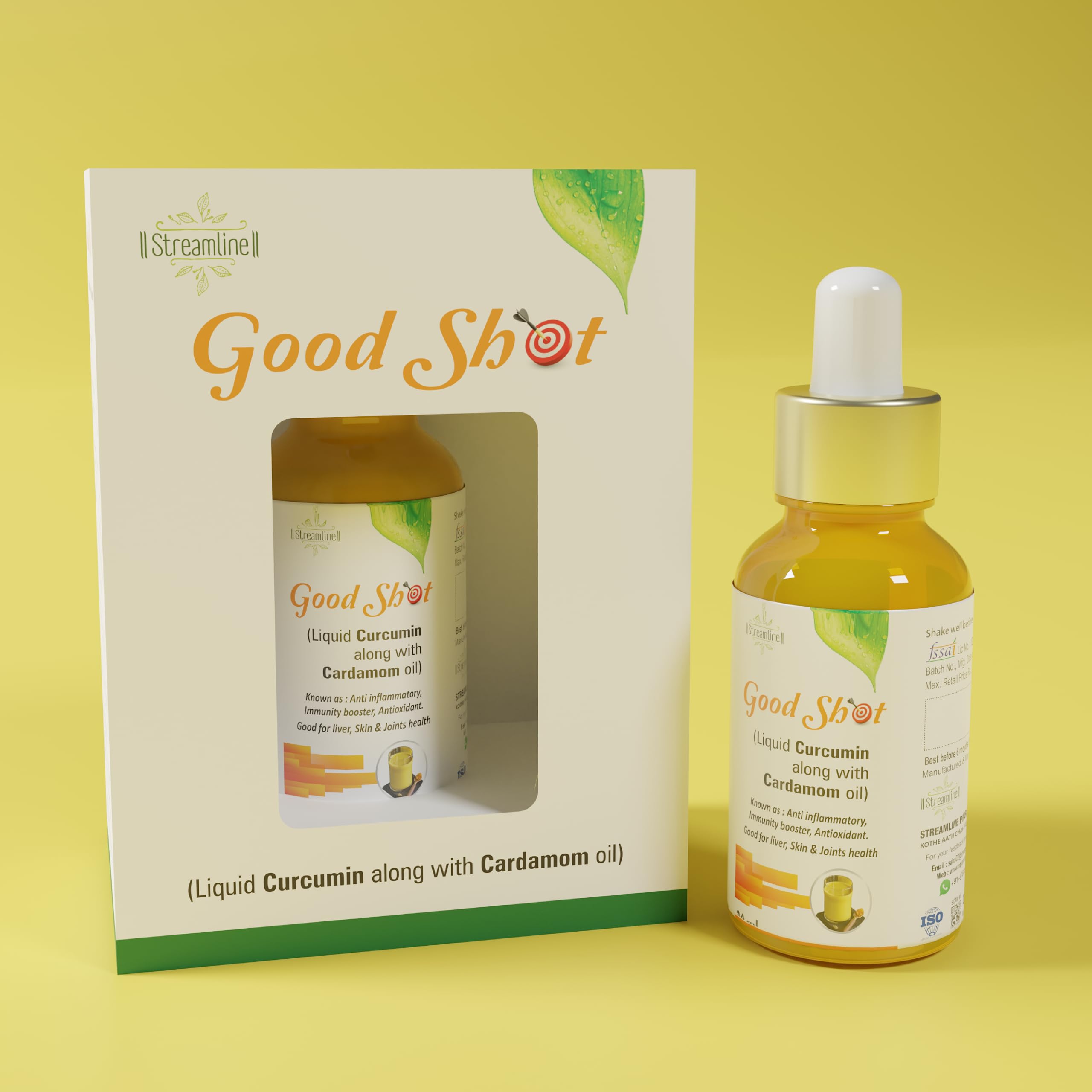 Streamline Good Shot | Liquid Curcumin (liposomal) with Cardamom Oil | Immune & Joint Support | Restores Skin Glow & Tightens Wrinkles | 1 Bottle of 30ml Pack-image-2
