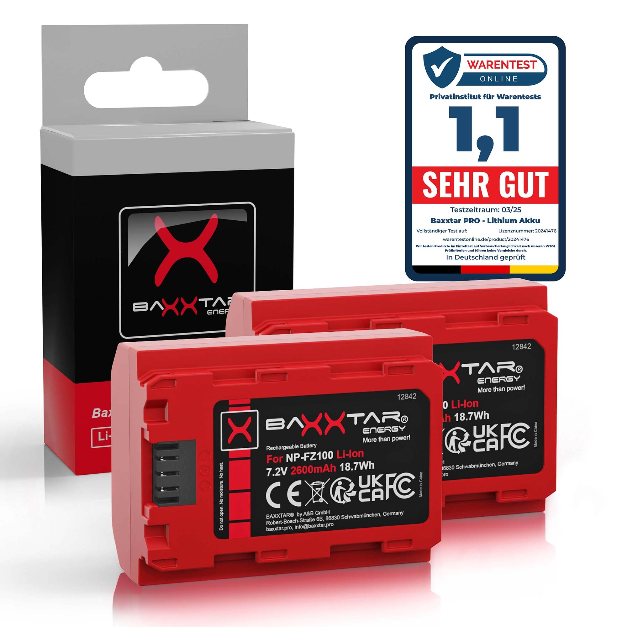 Baxxtar Pro 2X Batterie pour Sony NP-FZ100 FZ100 A7 A9 FX3 FX30, 2600mAh