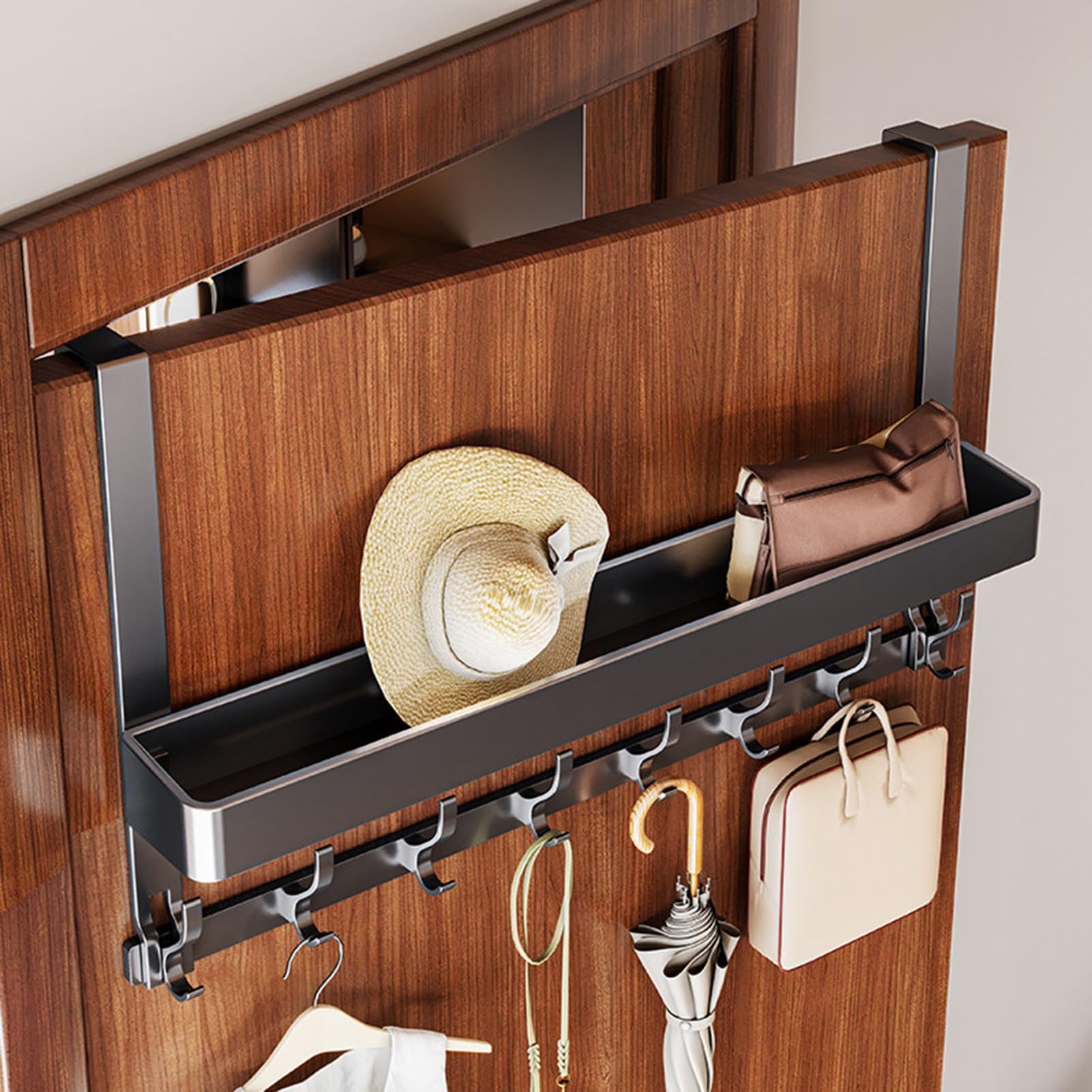 Organizzatore da Appendere alla Porta, Contenitore a Parete per dispensa con Ampio Cestino e 7 Ganci per Bagno, Camera da Letto e Lavanderia.