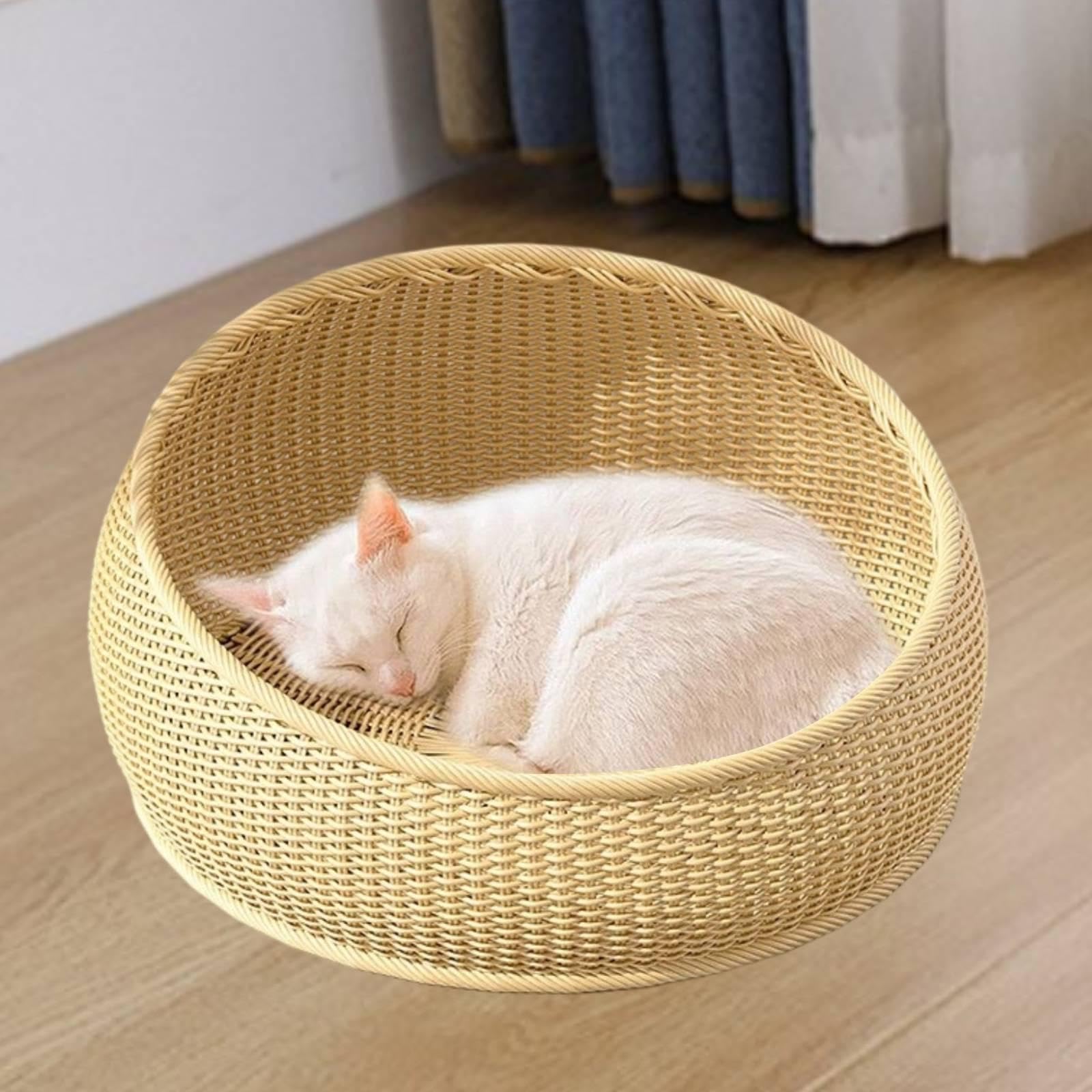 Wicker Katzenbett Kunstharz Rattan Korb Geflecht Nest für Katzen Schlafplatz Hunde Welpen Waschbar Katzenzubehör Luftdurchlässig für Senioren Katzen H, Beige