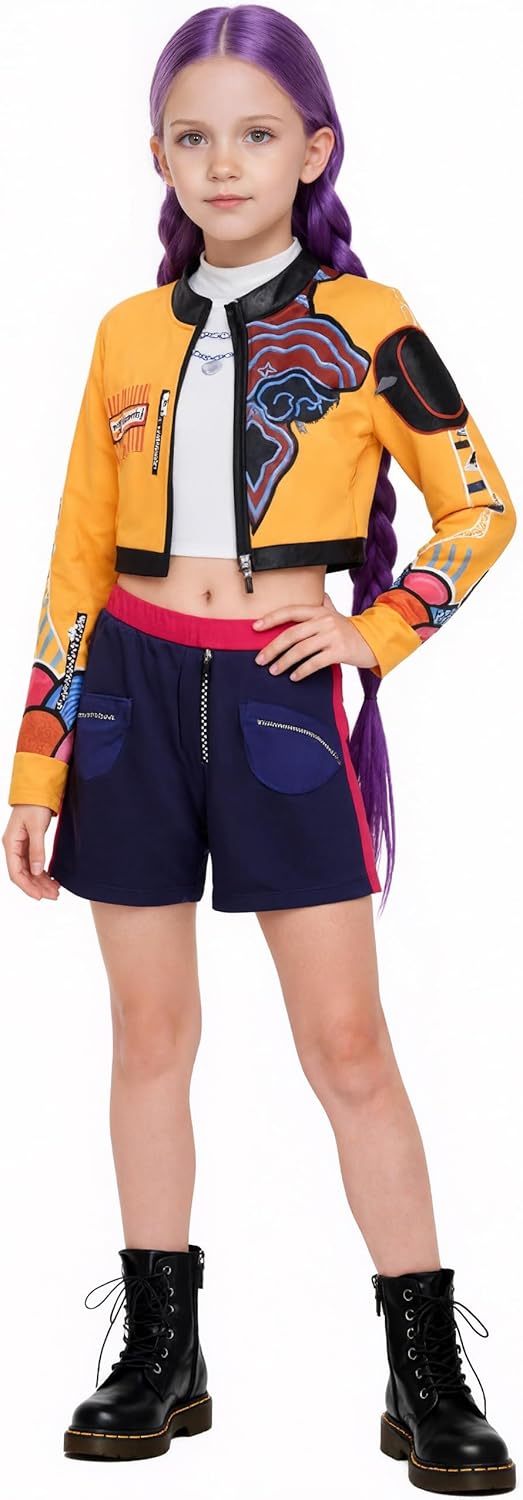 ZKR Rumi Costume Kids Girls Kpop Halloween Cosplay Costumes 3PSC Set Include Jacket T-Shirt Shorts