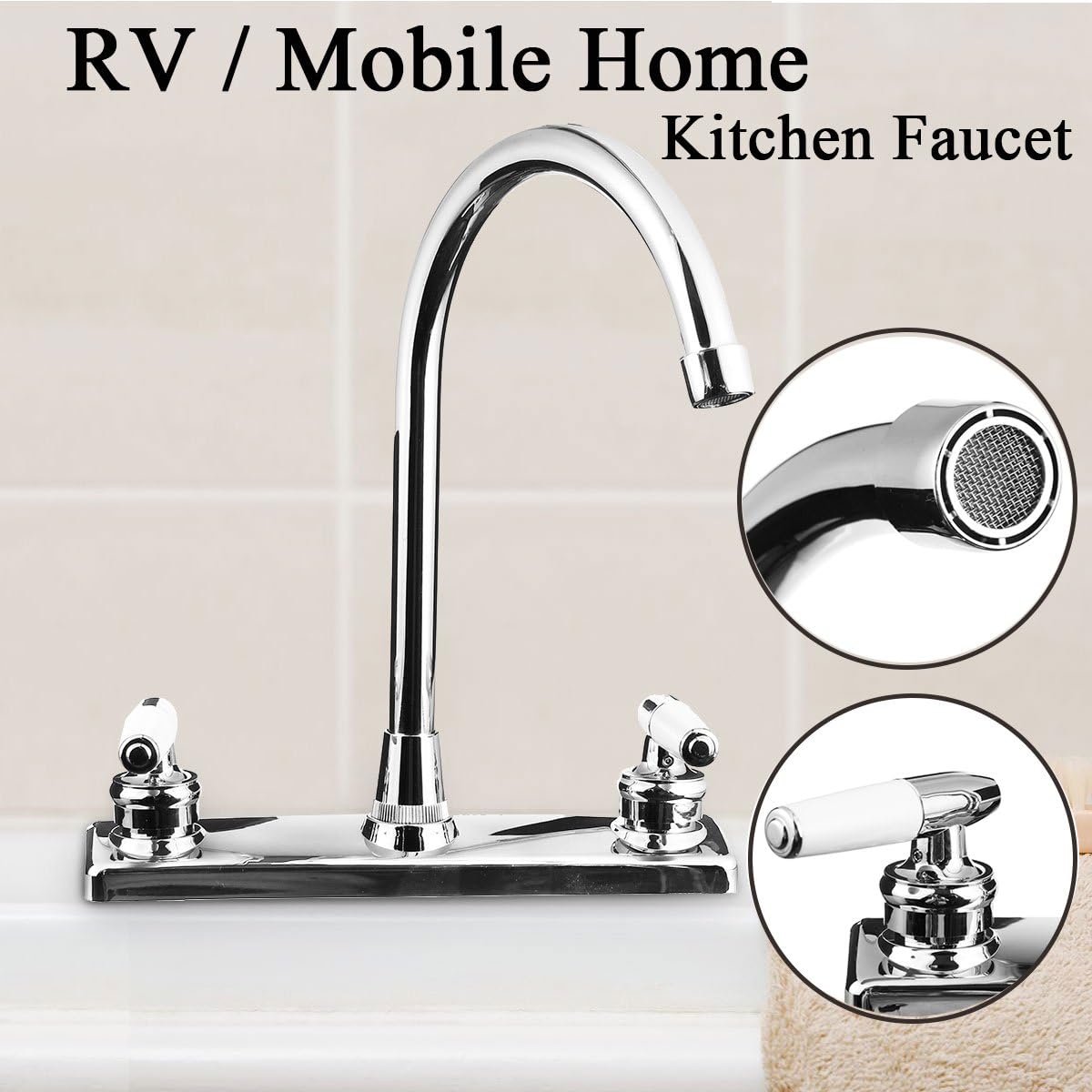 CHOUPIJIANG RV Kitchen Faucet,Kitchen Sink Faucet Replacement with Two Handle-8" Main Body,High Arc 360°Rotating Spout Kitchen Sink Faucet for RV Home Campers Motorhomes Travel Trailers,Chrome