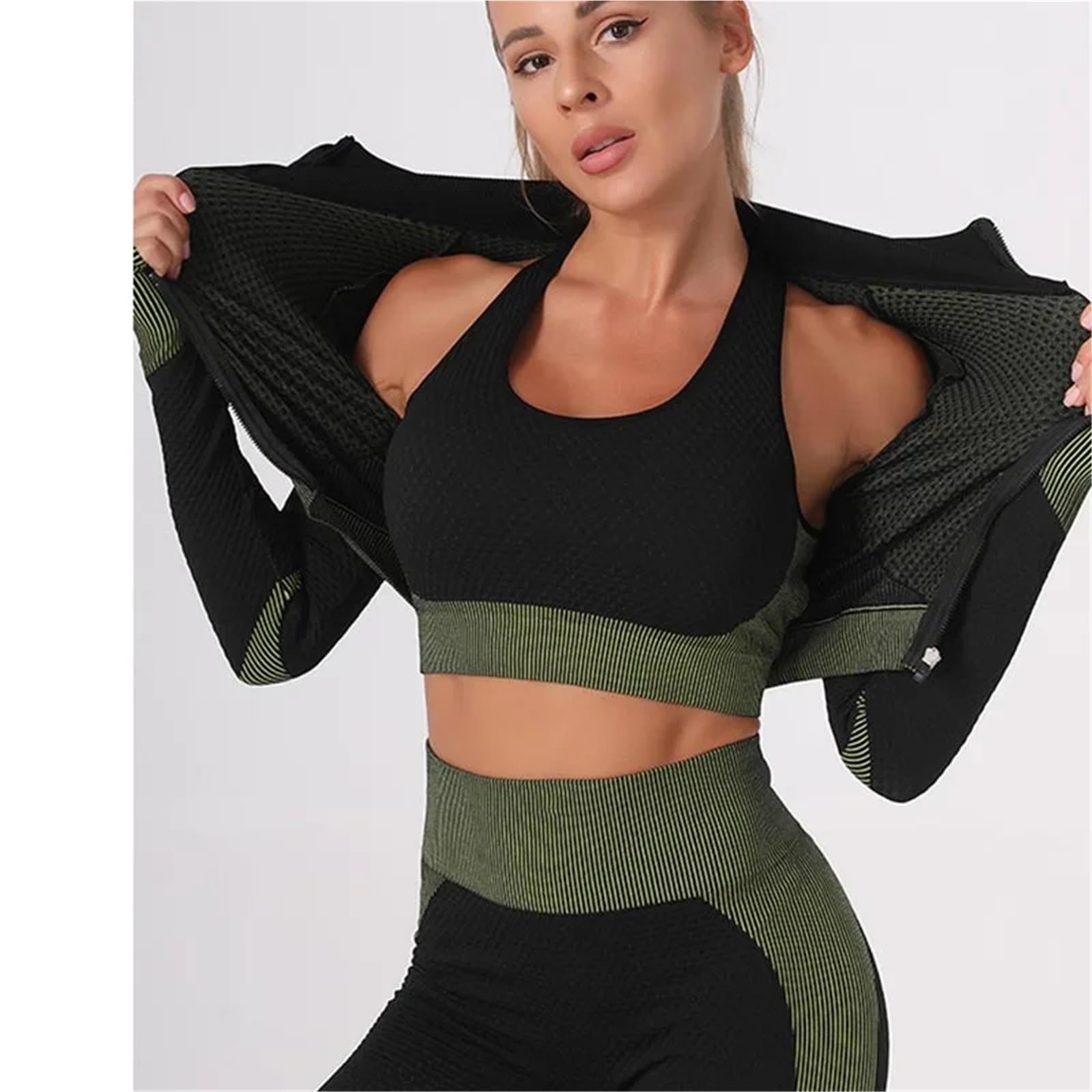 Set da yoga da donna Set da yoga estivo donna Completo sportivo e fitness senza cuciture tre pezzi attillato con chiusura in vita ad asciugatura rapida