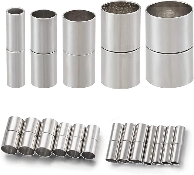 Craftdady 15 Sets Brass Column Magnetic Clasps 5 Sizes Leather Cord End Caps Tube Spacer Bead End Tips Platinum for Bracelet Jewelry Making