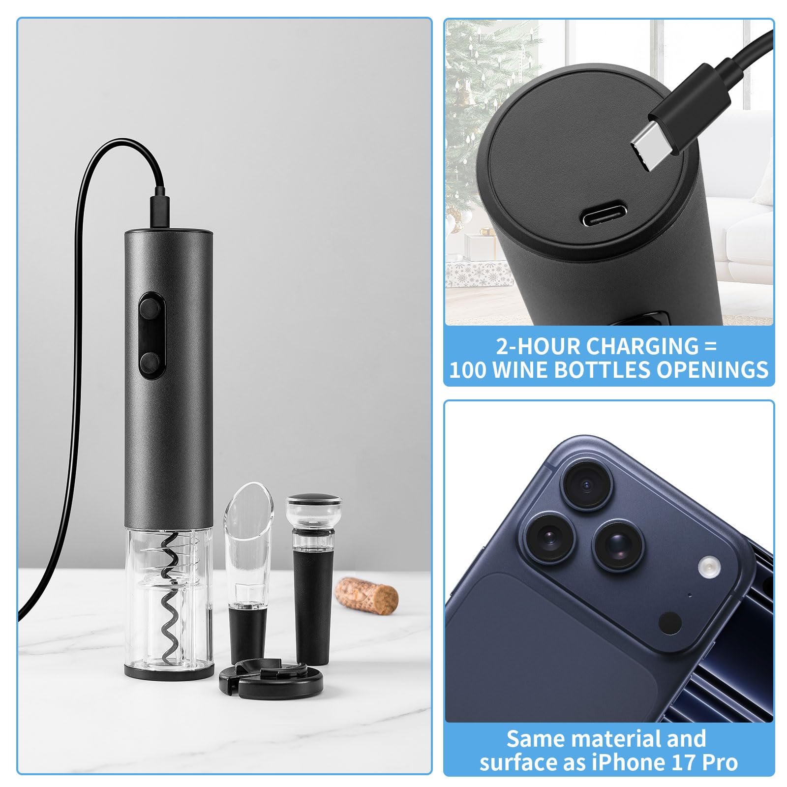 MegaTrend Abridor de vino eléctrico recargable, juego de sacacorchos automático, incluye copa de vino dorada de 2, copa de acero inoxidable, regalo ideal para bodas, cumpleaños, niñas, hombres