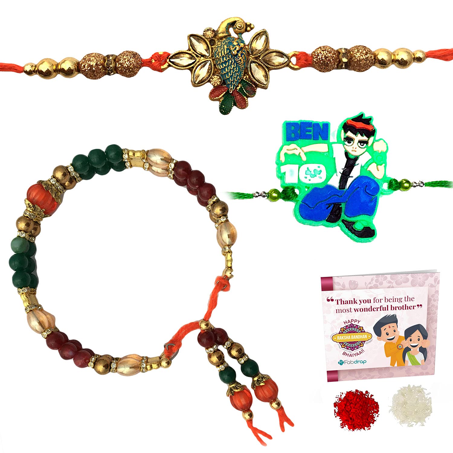 Fabdrap - Rakhi for Brother and Bhabhi and Kid Combo - Kundan Rakhi - Rakhi Set of 3 with Greeting Card & Roli Chawal