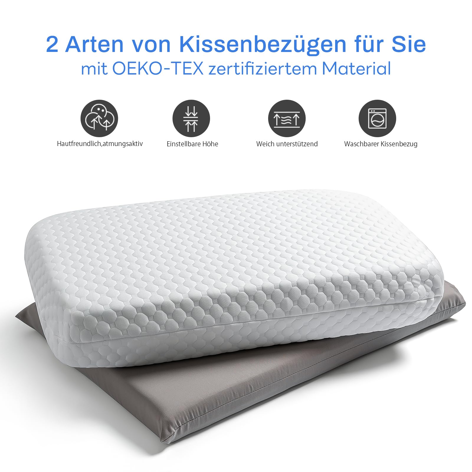 Kühlender Memory Foam Kissen 40x60, Kopfkissen Hart Fest zum Schlafen, Einstellbares Seitenschläferkissen Nackenkissen für alle Schlafpositionen mit waschbarem Bezug, Höhenverstellung von 2 bis 13 cm