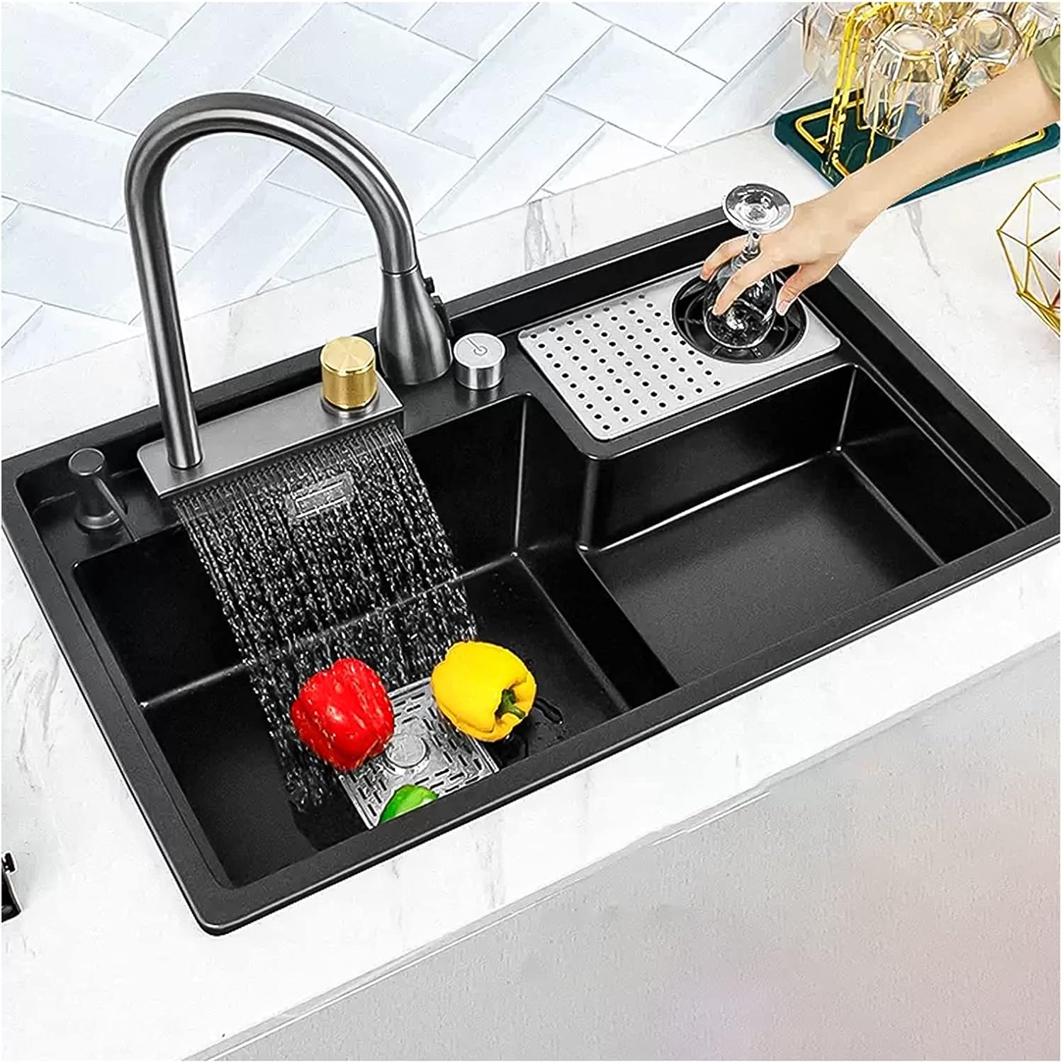 31 インチ ステンレス キッチン シンク、新しいステンレス ウォーターフォール シンク、ドロップイン シングル ボウル ワークステ