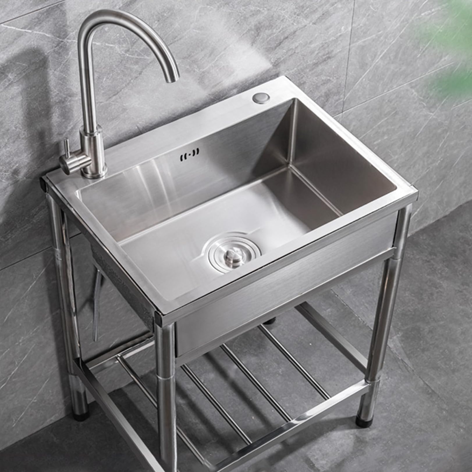 WDSOPK Portable Stainless Steel Outdoor SinkFreestanding Camping Kitchen Sink with Faucet & Drain Pi Easy to Clean Garden Wash Basin for Commercial Use (68x45cm)